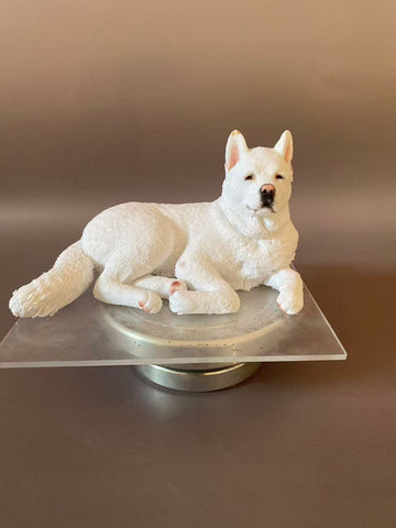 Custom White Dog Figurine From Photo-Personalized Dog Memorial Statue-Pet Loss Keepsake-Lying Dog Sculpture On Display Base