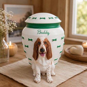 Custom Dog Memorial Urn With Dog Sculpture, Personalized Pet Ashes Urn With Green Bone Design, Pet Loss Keepsake