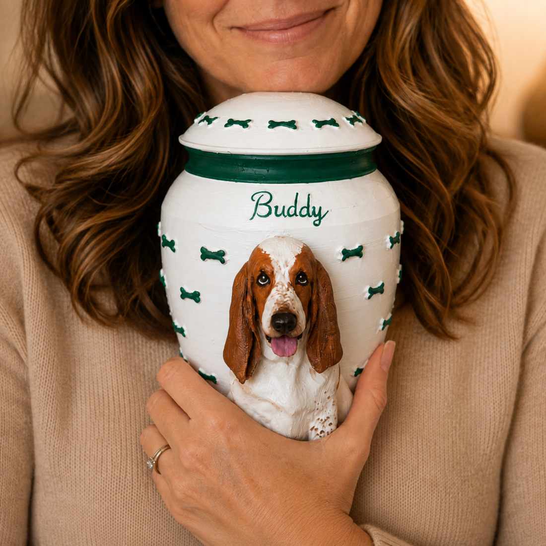 Custom Dog Memorial Urn With Dog Sculpture, Personalized Pet Ashes Urn With Green Bone Design, Pet Loss Keepsake