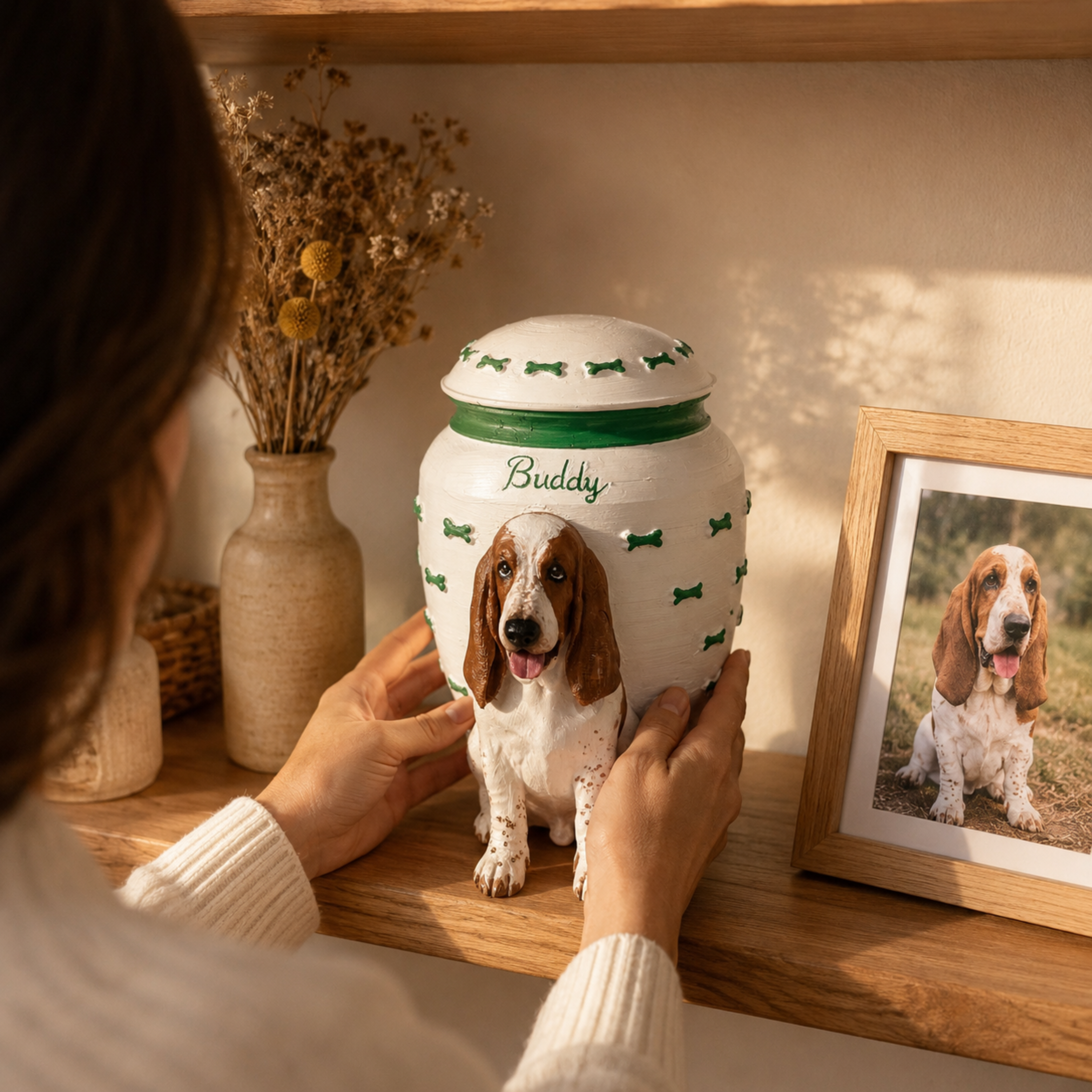 Custom Dog Memorial Urn With Dog Sculpture, Personalized Pet Ashes Urn With Green Bone Design, Pet Loss Keepsake