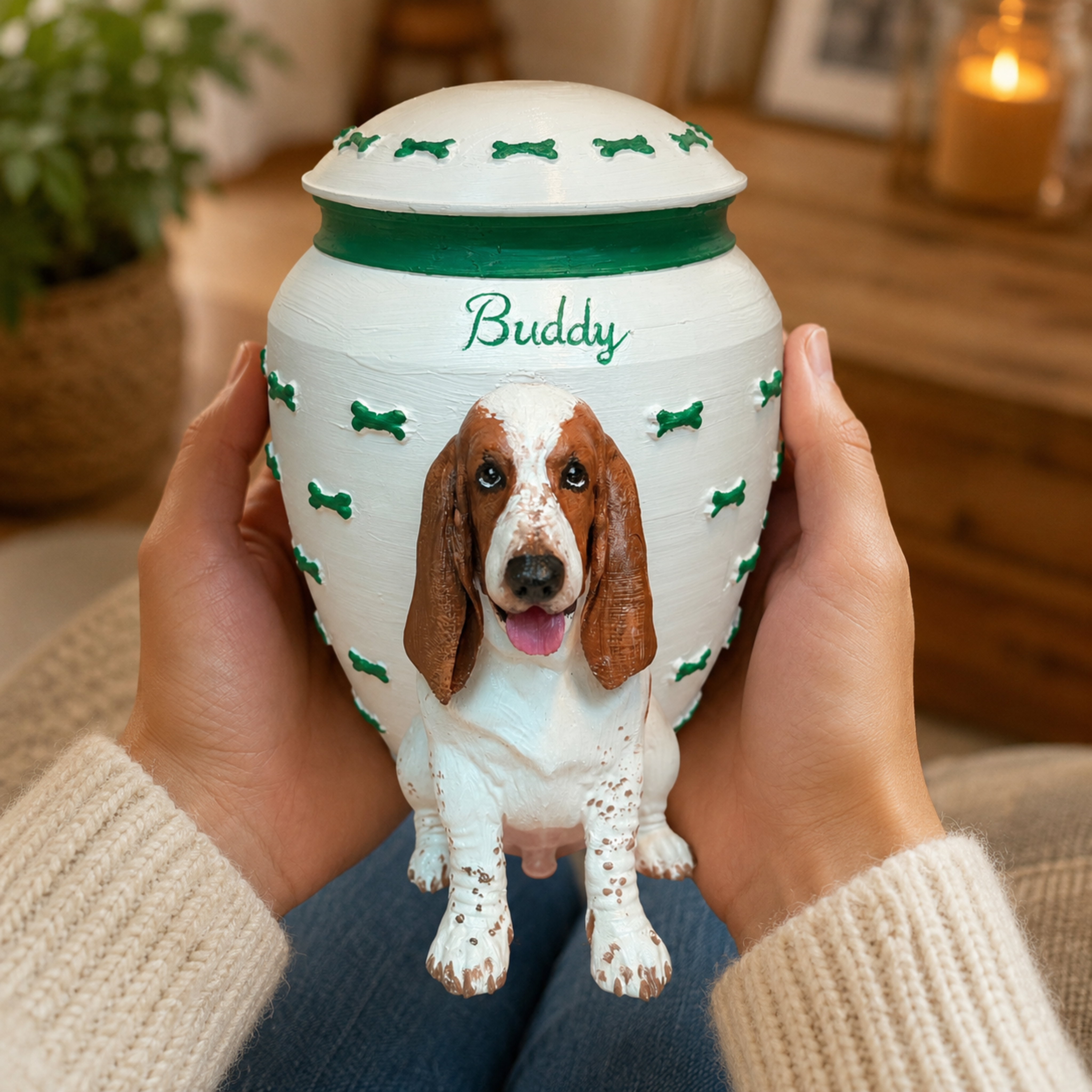 Custom Dog Memorial Urn With Dog Sculpture, Personalized Pet Ashes Urn With Green Bone Design, Pet Loss Keepsake