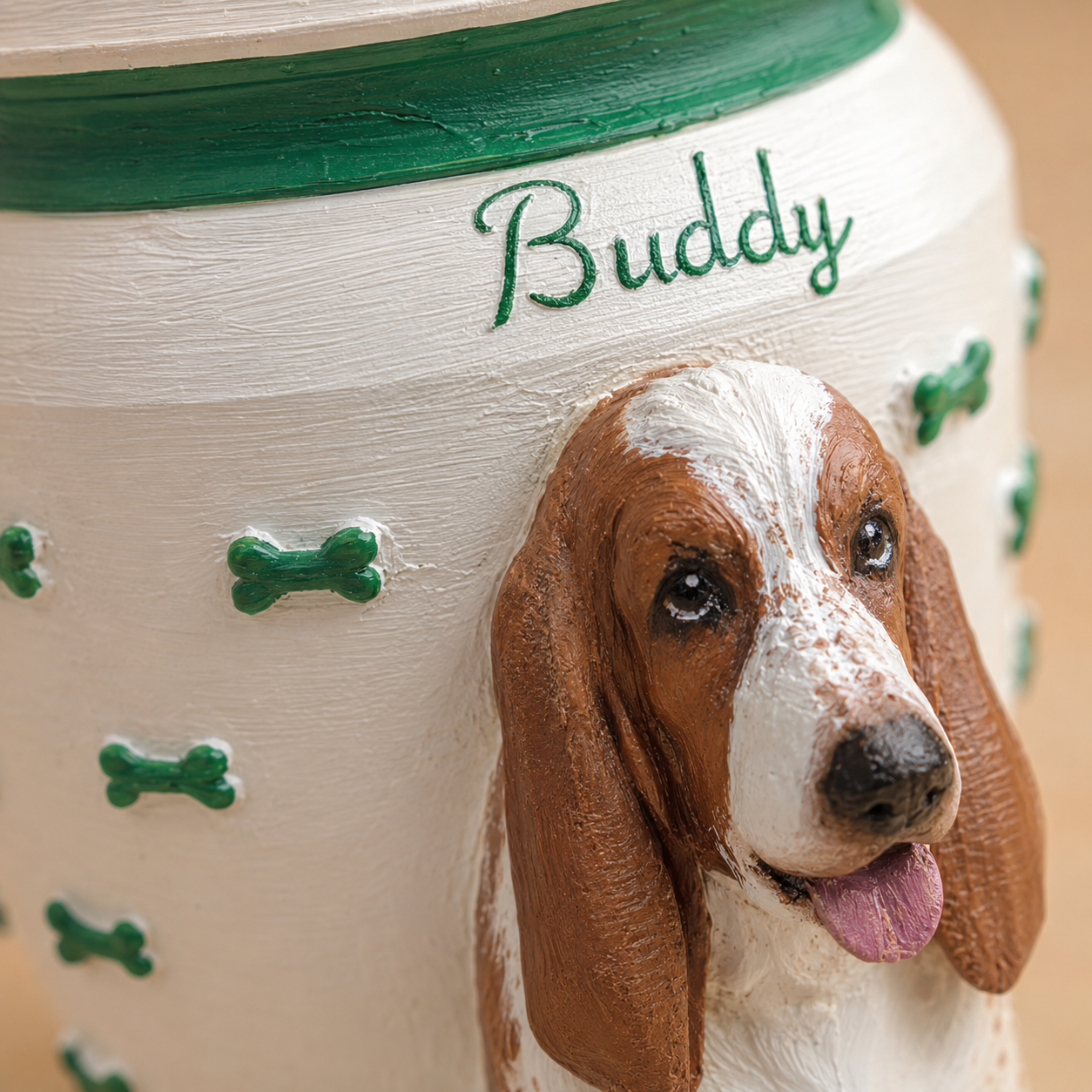 Custom Dog Memorial Urn With Dog Sculpture, Personalized Pet Ashes Urn With Green Bone Design, Pet Loss Keepsake