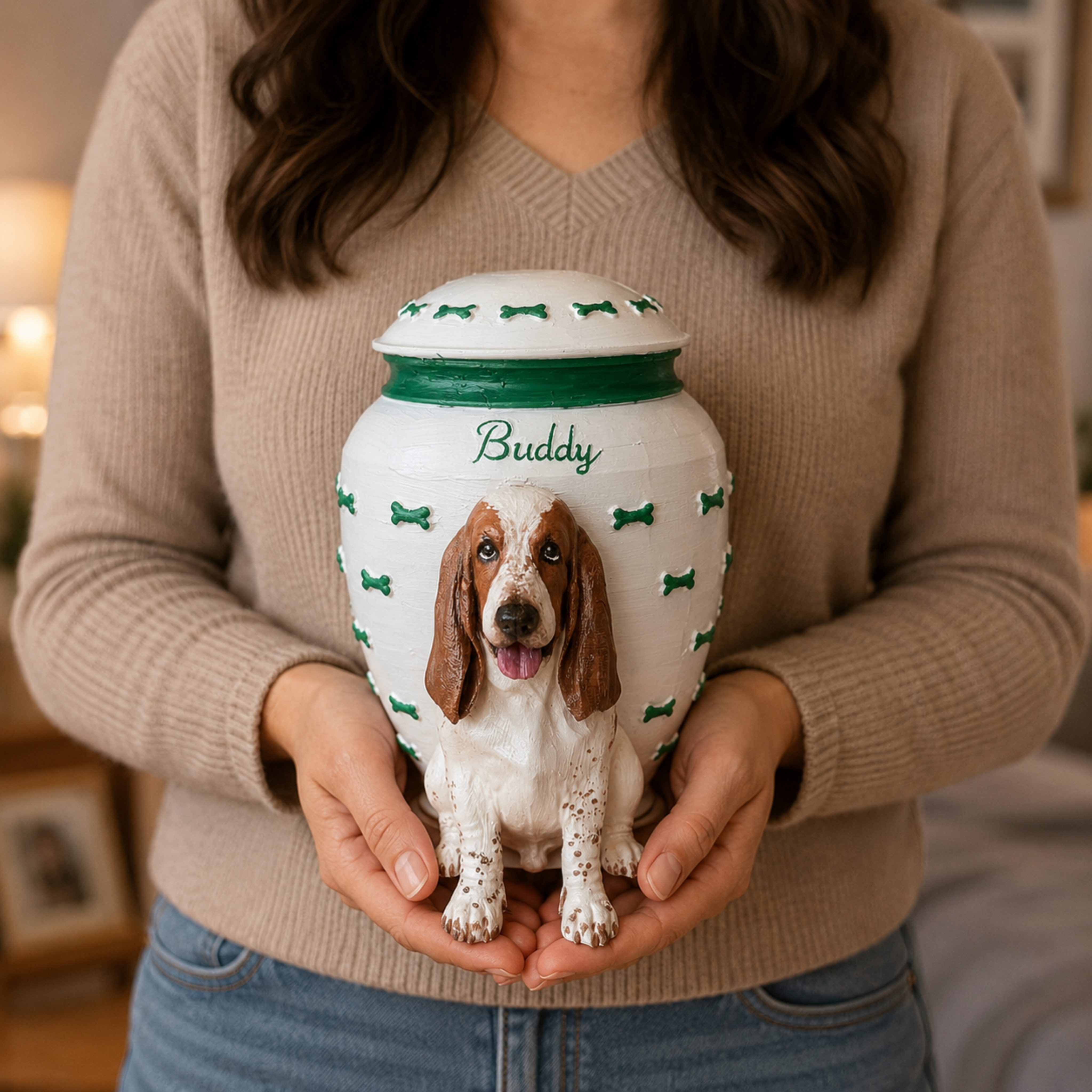 Custom Dog Memorial Urn With Dog Sculpture, Personalized Pet Ashes Urn With Green Bone Design, Pet Loss Keepsake