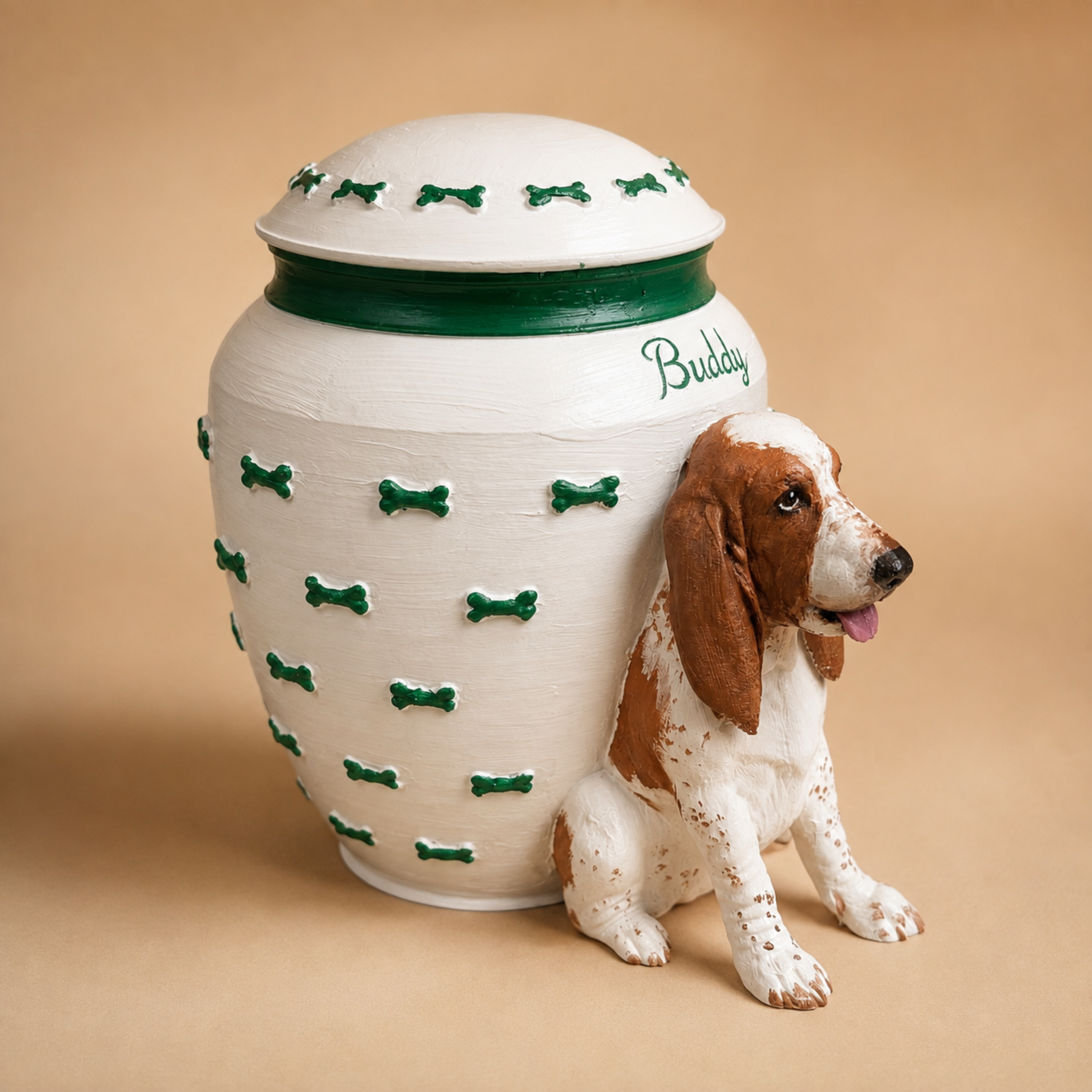Custom Dog Memorial Urn With Dog Sculpture, Personalized Pet Ashes Urn With Green Bone Design, Pet Loss Keepsake