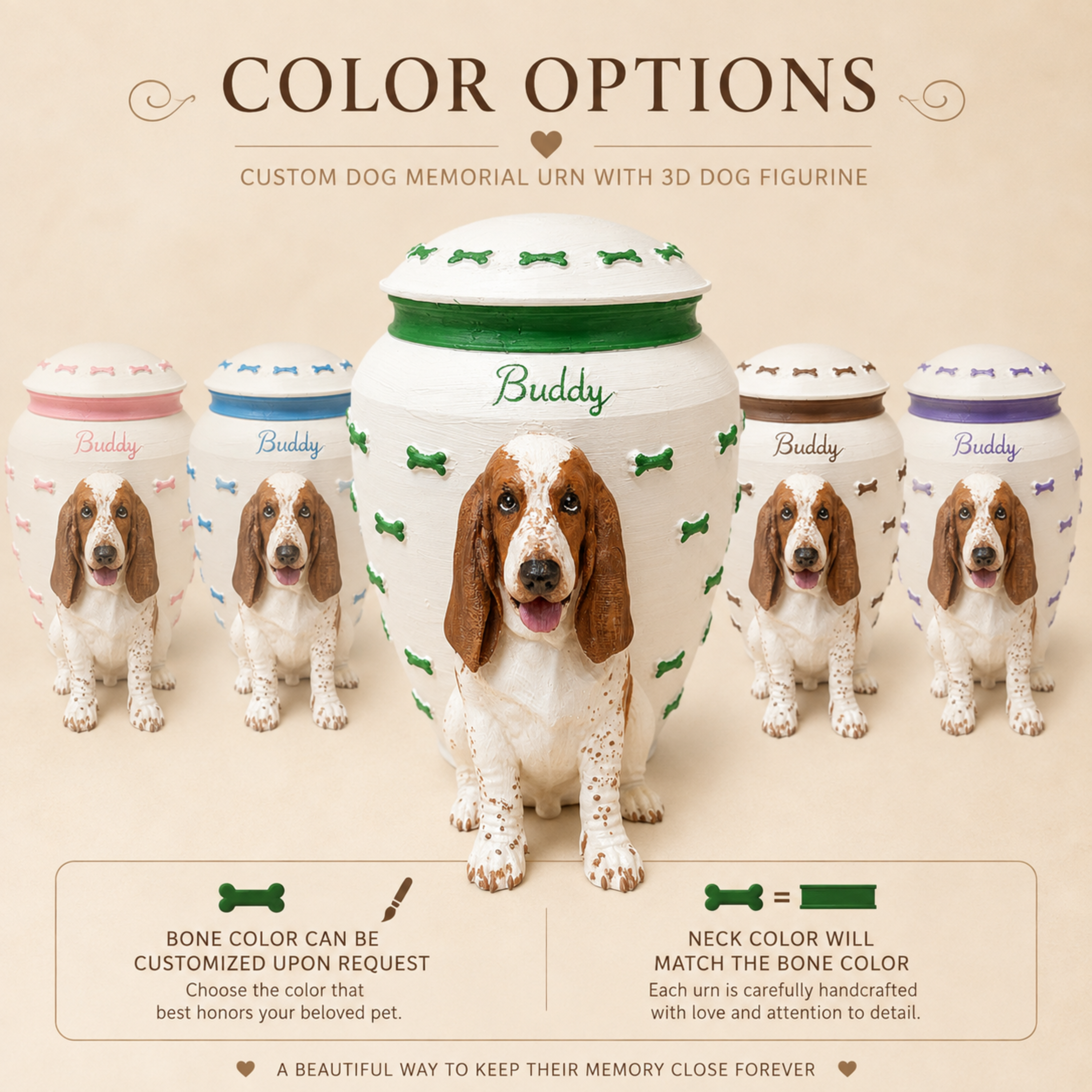 Custom Dog Memorial Urn With Dog Sculpture, Personalized Pet Ashes Urn With Green Bone Design, Pet Loss Keepsake