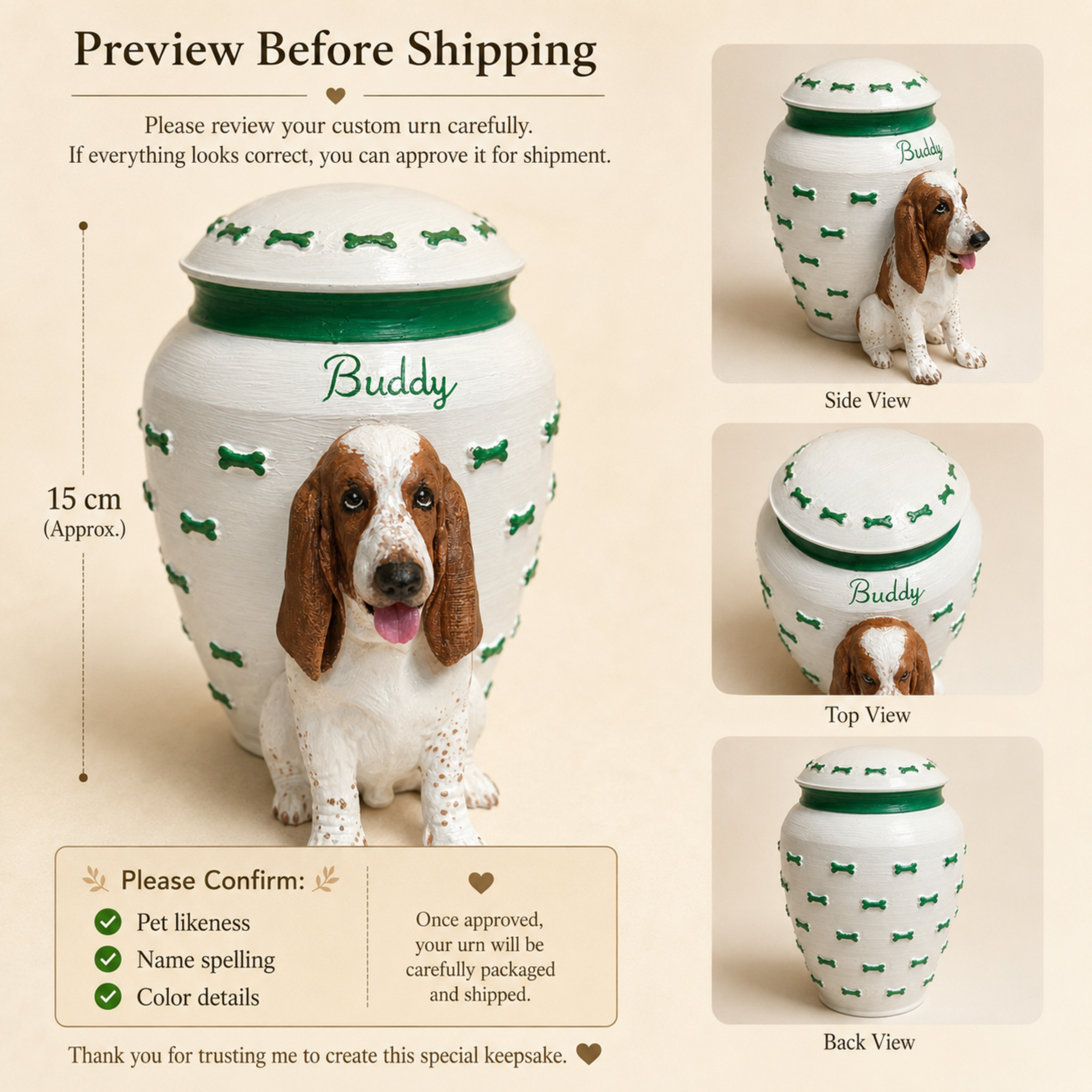 Custom Dog Memorial Urn With Dog Sculpture, Personalized Pet Ashes Urn With Green Bone Design, Pet Loss Keepsake