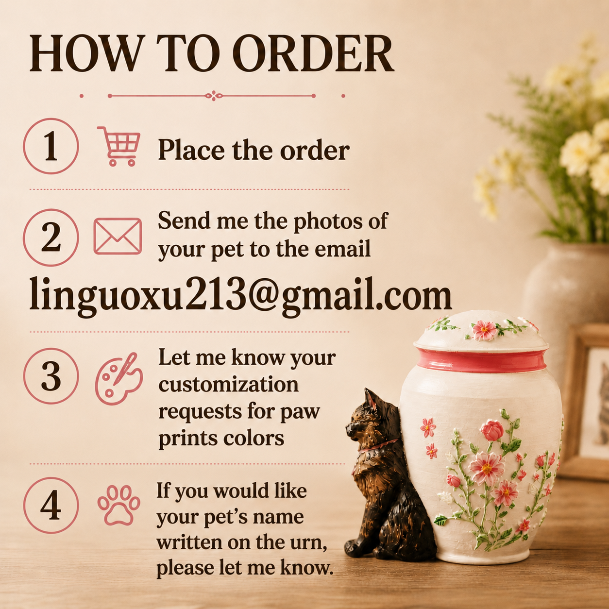 Custom Cat Memorial Urn With Cat Sculpture Floral Embossed Design Personalized Cremation Keepsake