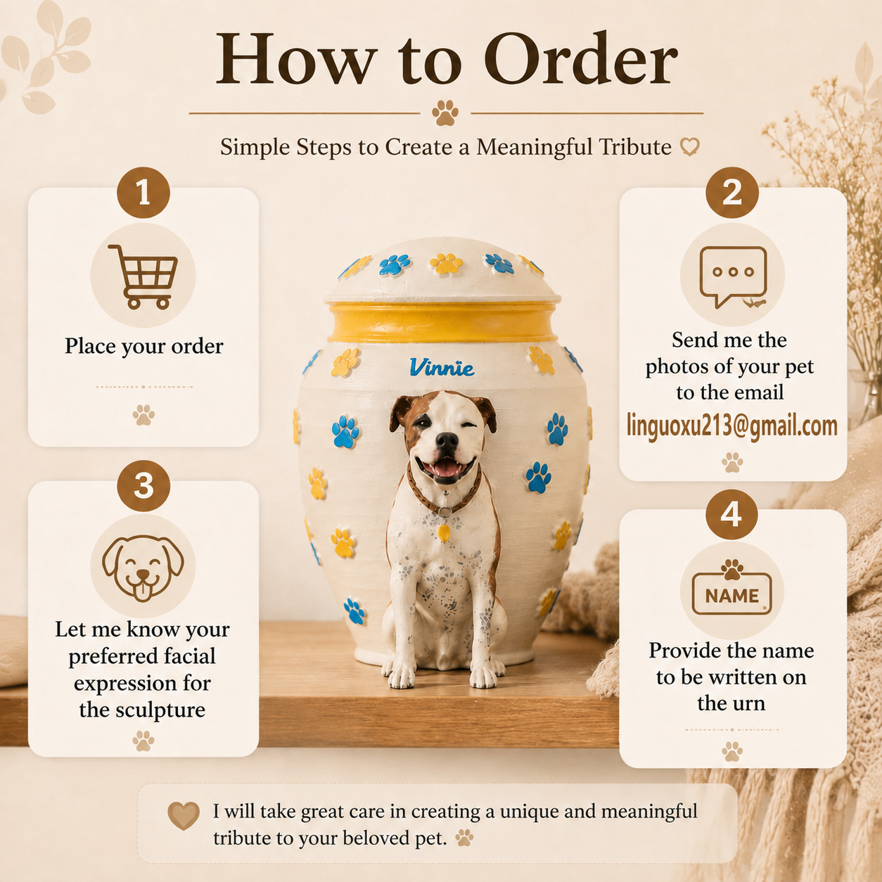 Custom Dog Urn With Dog Figurine and Colorful Paw Prints – Personalized Pet Memorial Urn for Dog Loss Keepsake