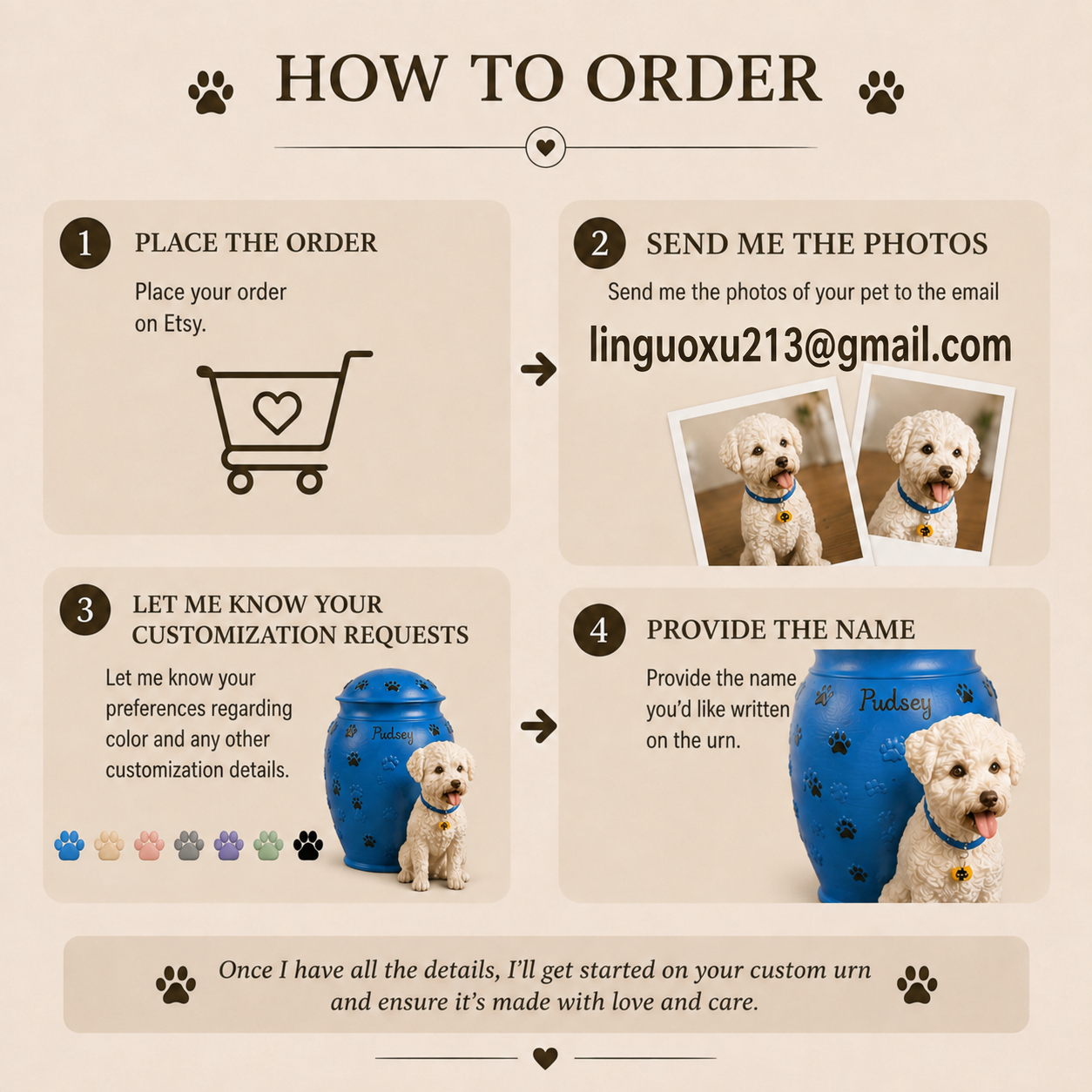 Custom Dog Urn With Dog Figurine and Paw Prints – Personalized Pet Memorial Urn for Dog Loss Keepsake