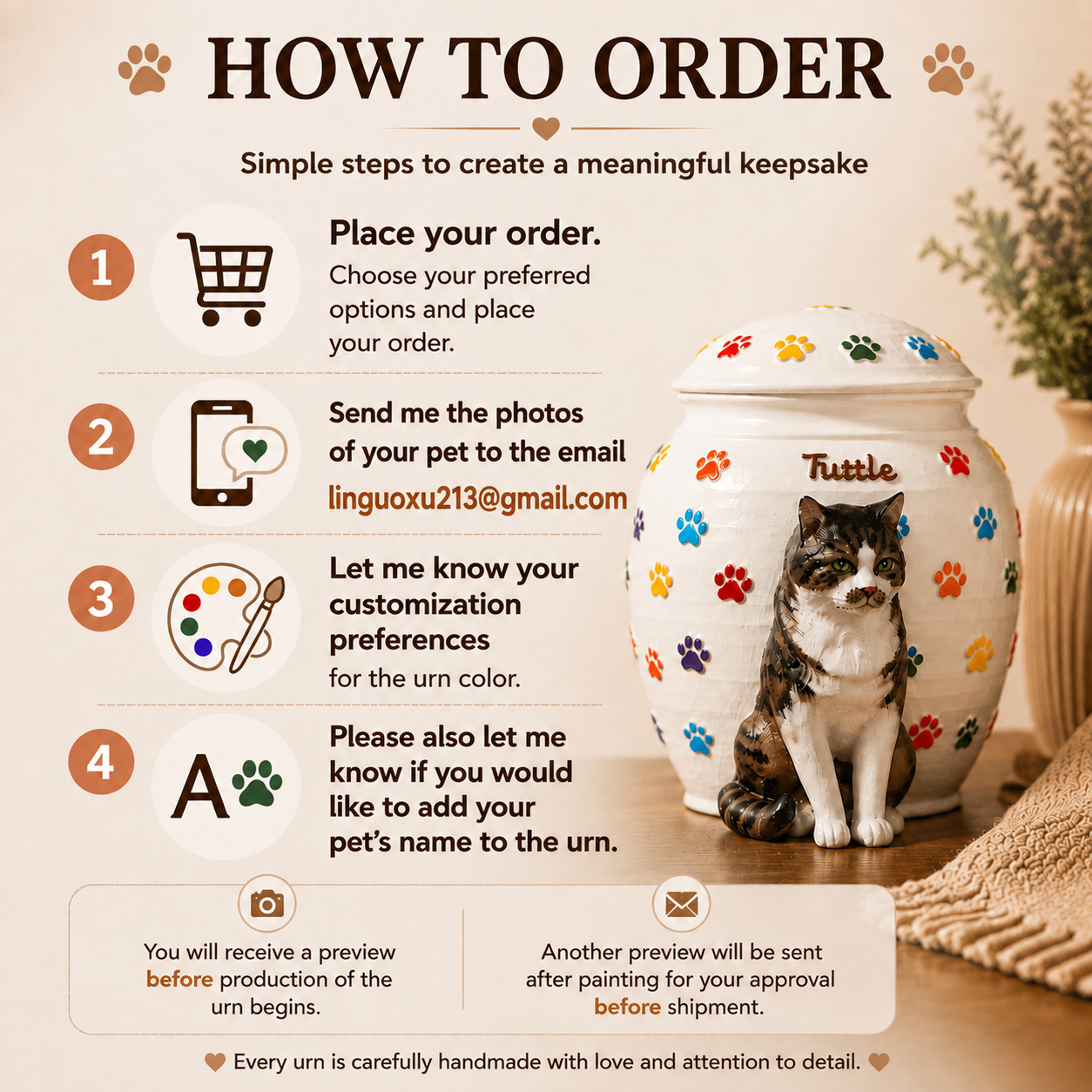 Custom Cat Urn With Cat Figurine and Colorful Paw Prints – Personalized Pet Memorial Urn for Cat Ashes