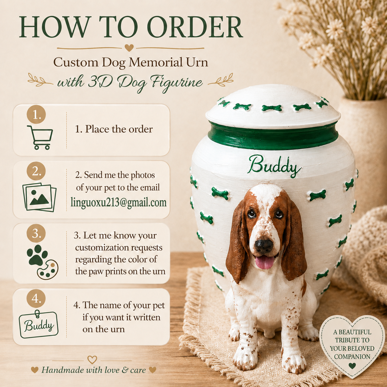 Custom Dog Memorial Urn With Dog Sculpture, Personalized Pet Ashes Urn With Green Bone Design, Pet Loss Keepsake