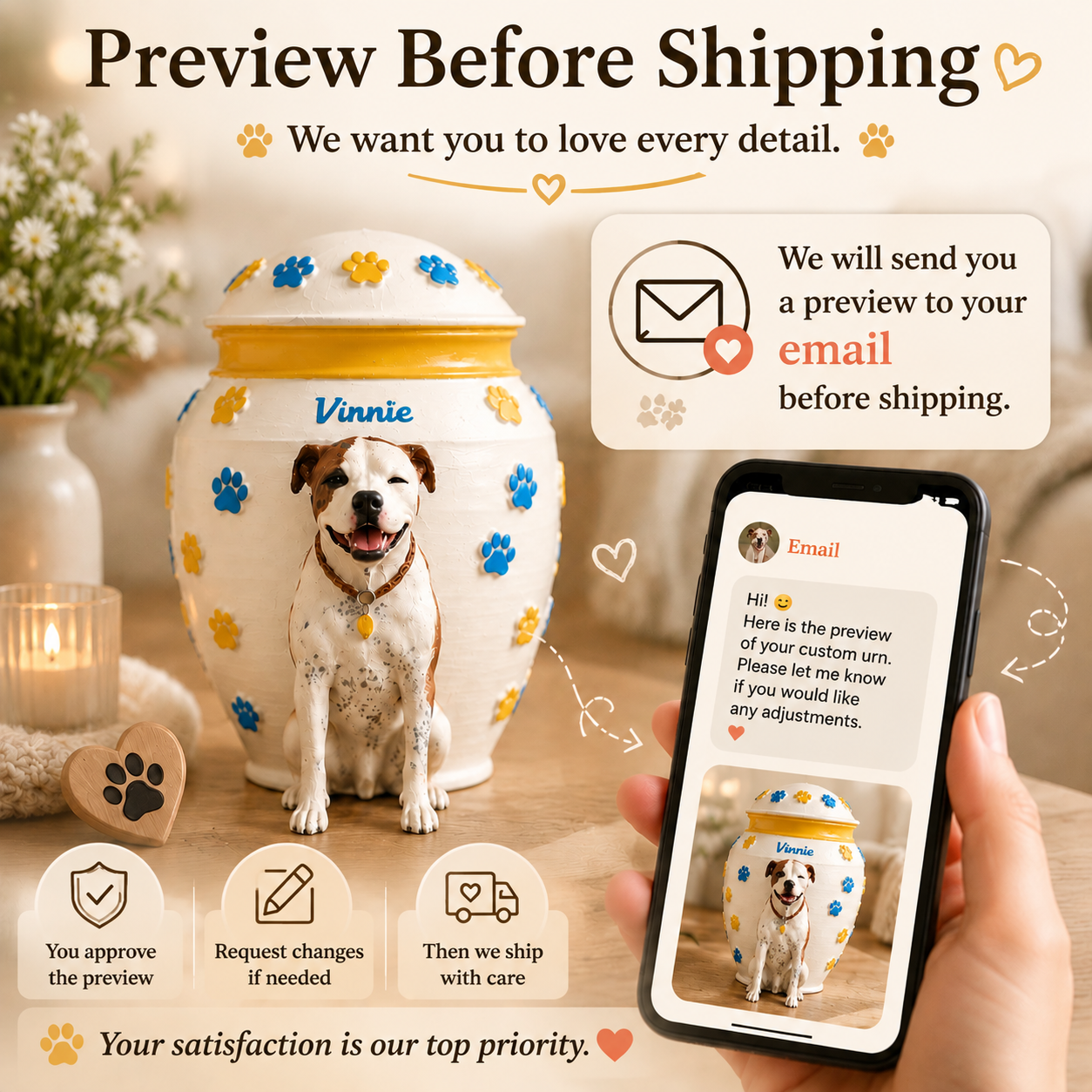 Custom Dog Urn With Dog Figurine and Colorful Paw Prints – Personalized Pet Memorial Urn for Dog Loss Keepsake