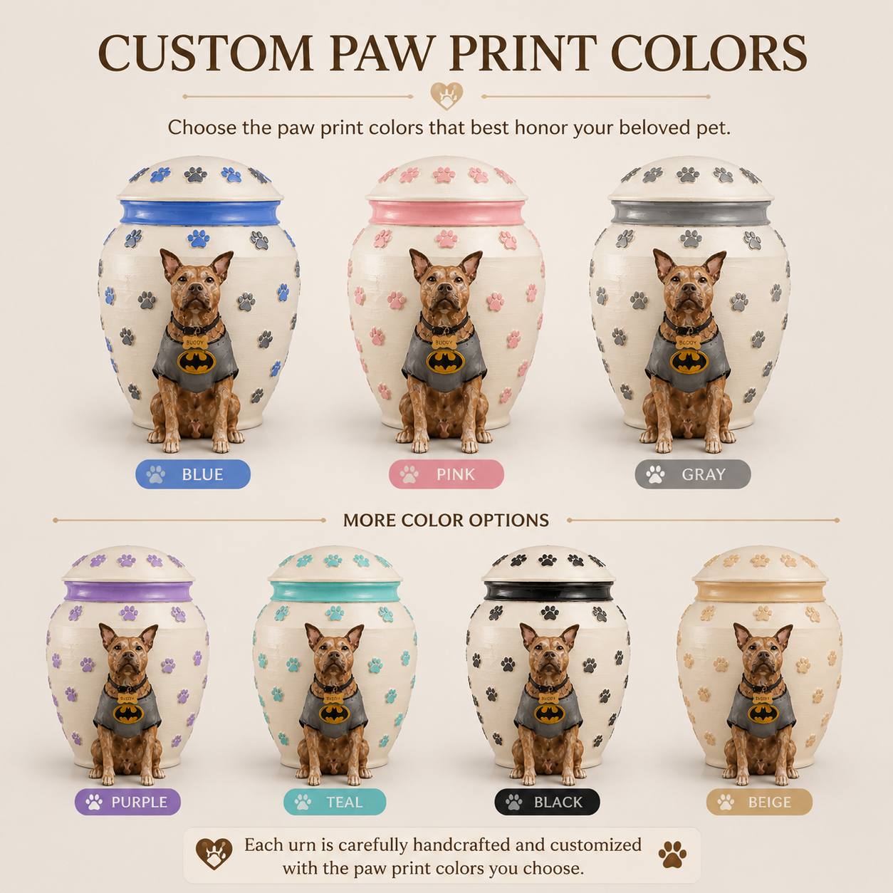 Custom Dog Urn With Dog Figurine and Colorful Paw Prints – Personalized Pet Memorial Urn for Dog Loss Keepsake