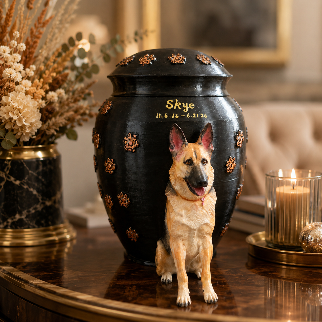 Custom Dog Urn With Pet Figurine For Pet Loss Memorial-Personalized Dog Urn With Dog Sculpture On the Urn