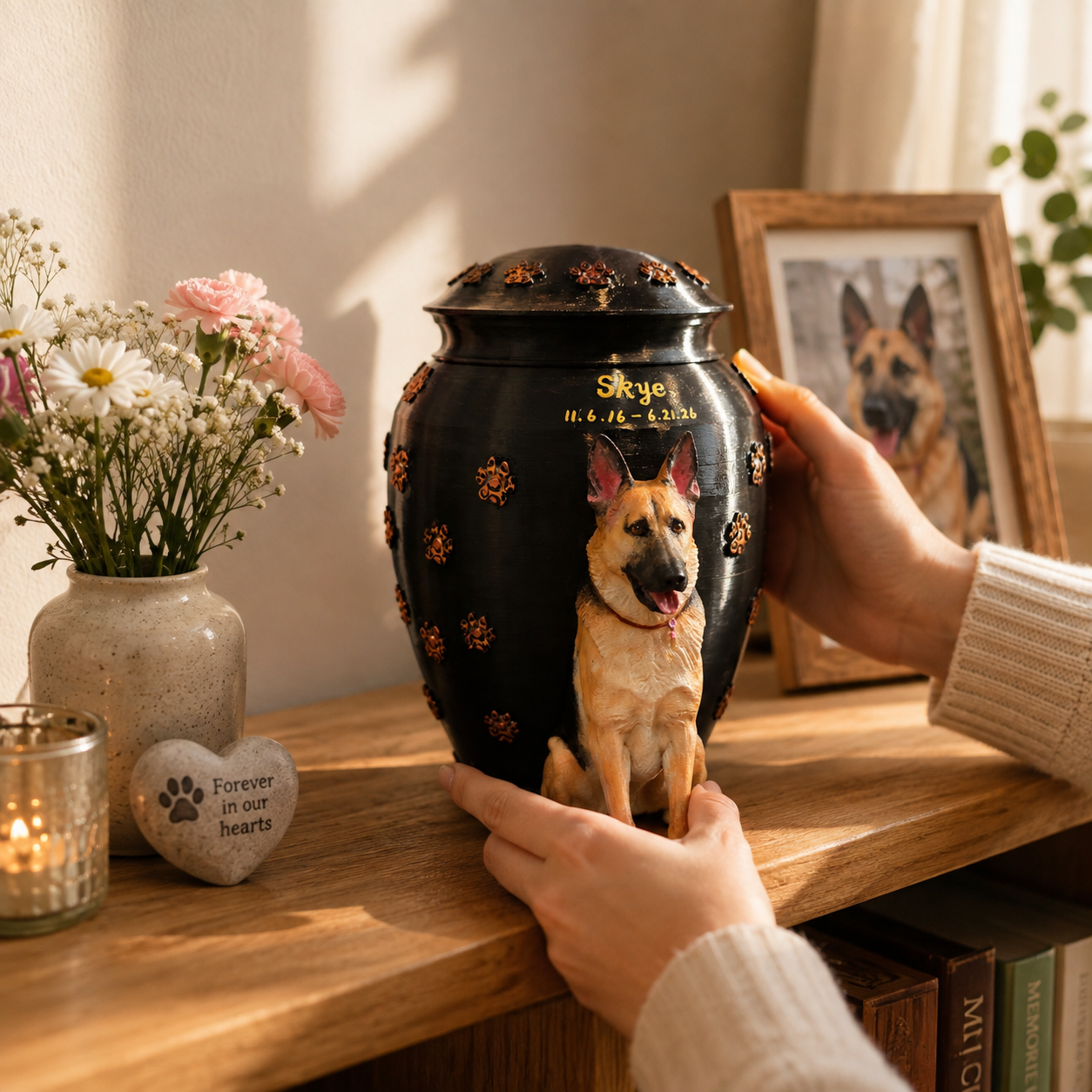 Custom Dog Urn With Pet Figurine For Pet Loss Memorial-Personalized Dog Urn With Dog Sculpture On the Urn