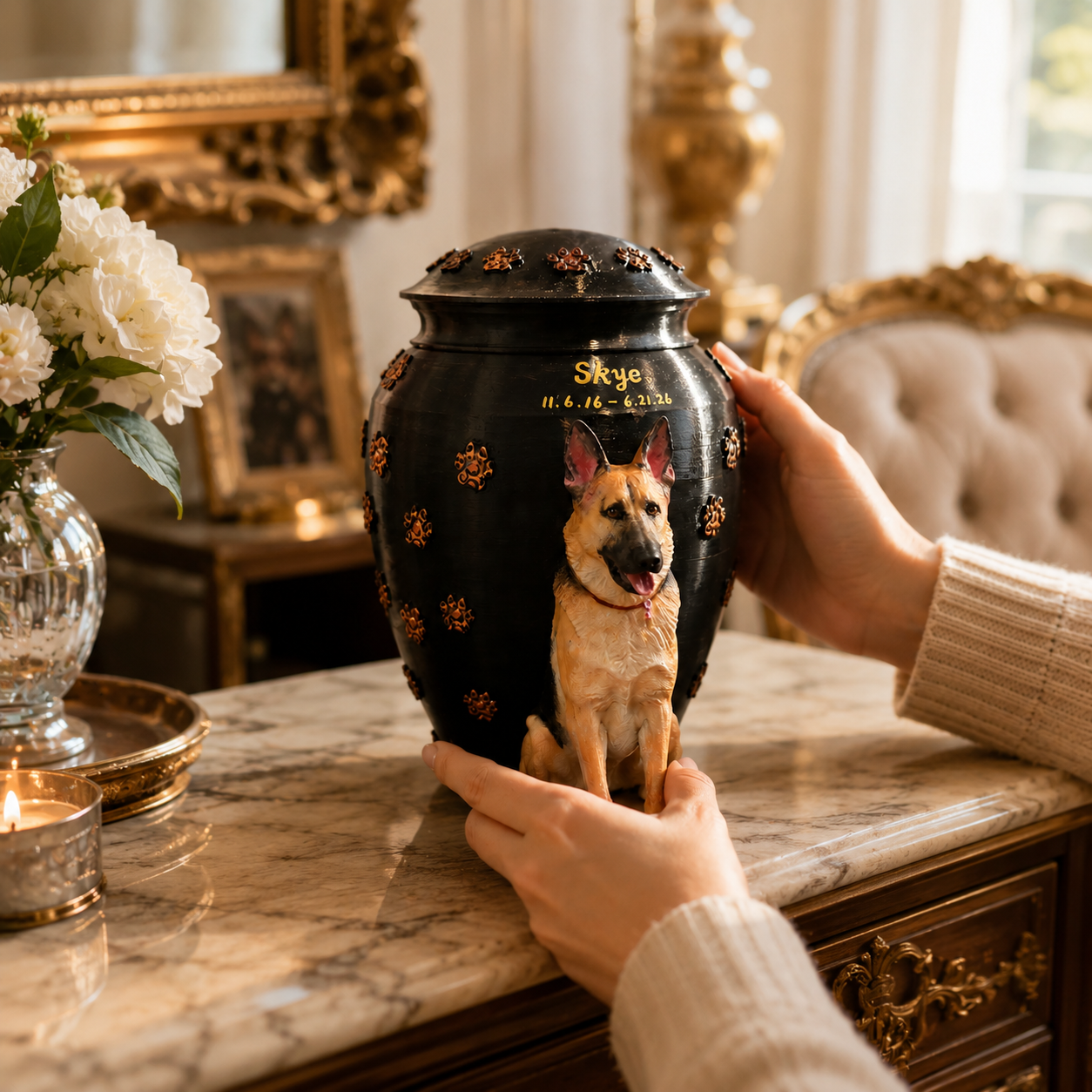Custom Dog Urn With Pet Figurine For Pet Loss Memorial-Personalized Dog Urn With Dog Sculpture On the Urn