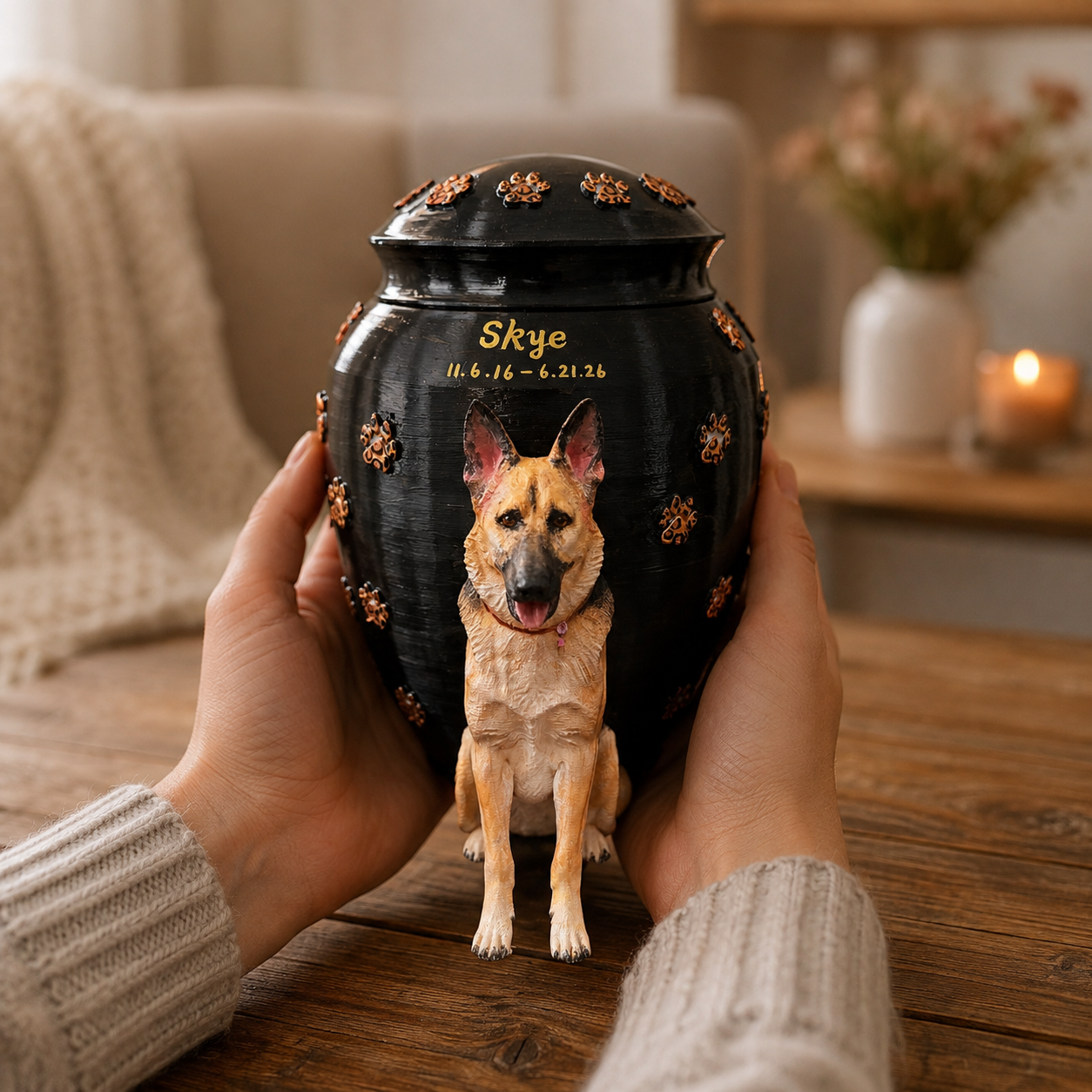 Custom Dog Urn With Pet Figurine For Pet Loss Memorial-Personalized Dog Urn With Dog Sculpture On the Urn