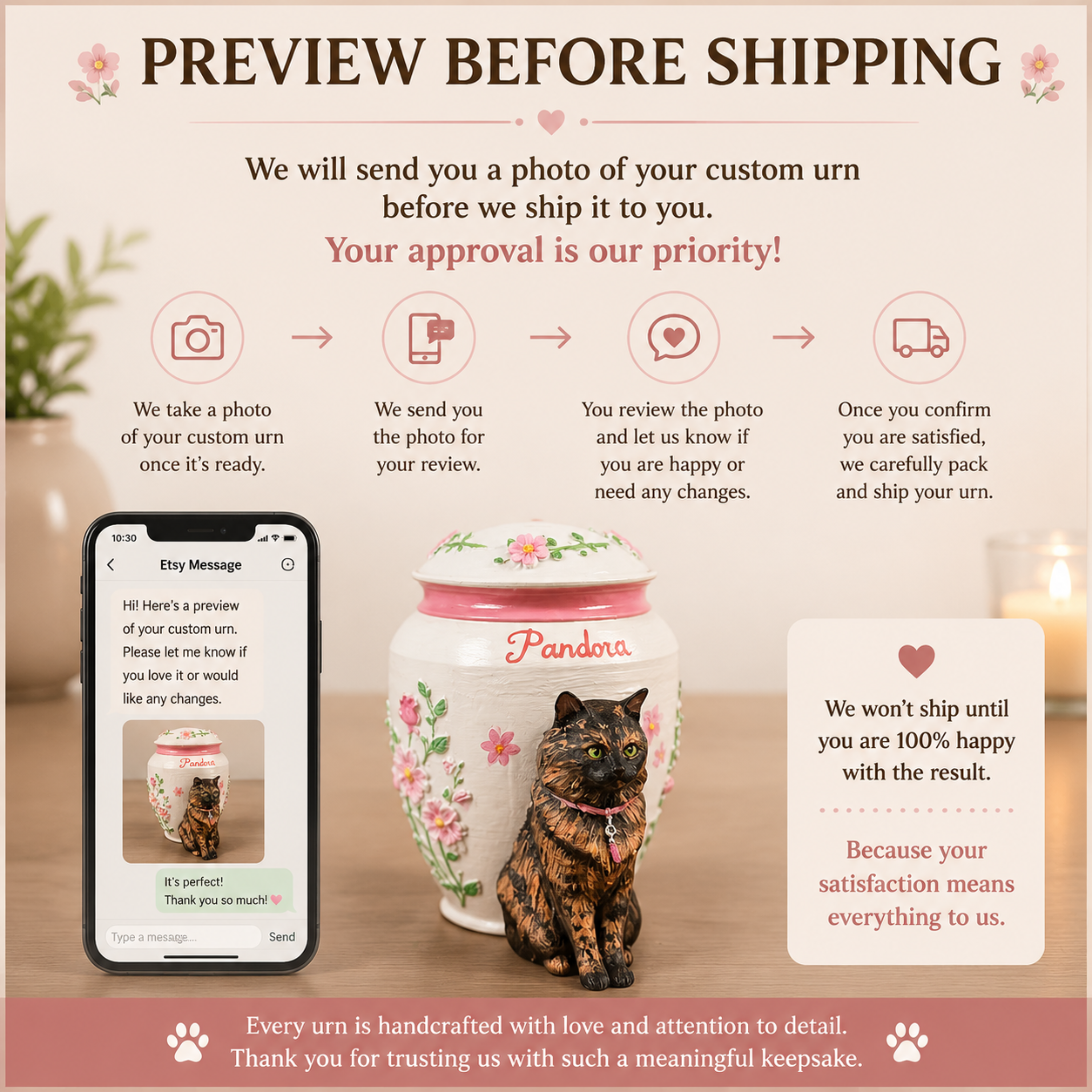 Custom Cat Memorial Urn With Cat Sculpture Floral Embossed Design Personalized Cremation Keepsake