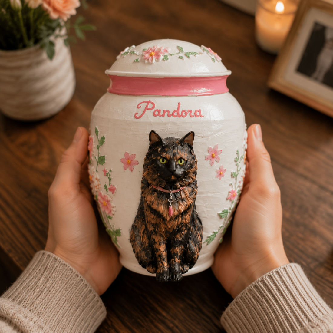 Custom Cat Memorial Urn With Cat Sculpture Floral Embossed Design Personalized Cremation Keepsake