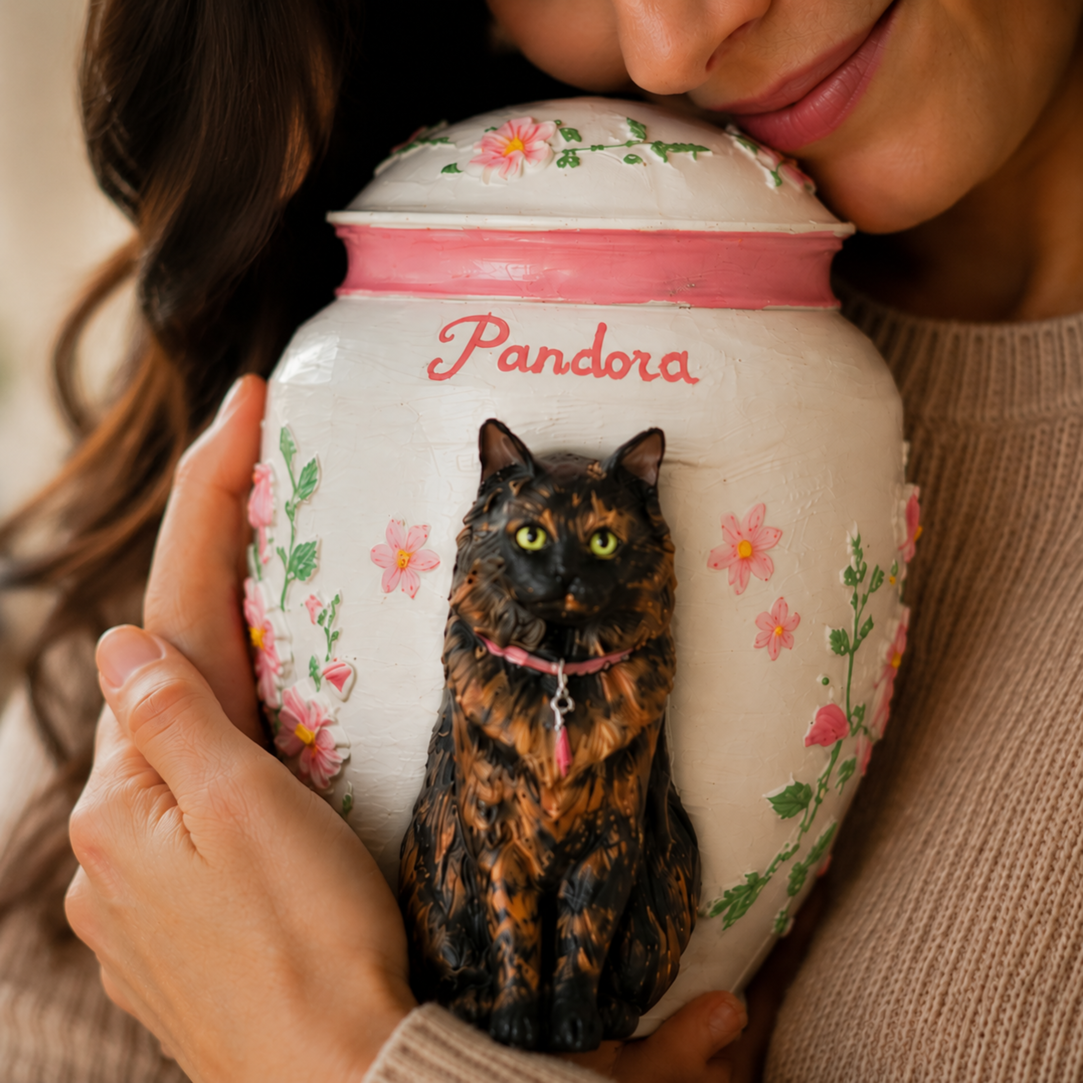Custom Cat Memorial Urn With Cat Sculpture Floral Embossed Design Personalized Cremation Keepsake