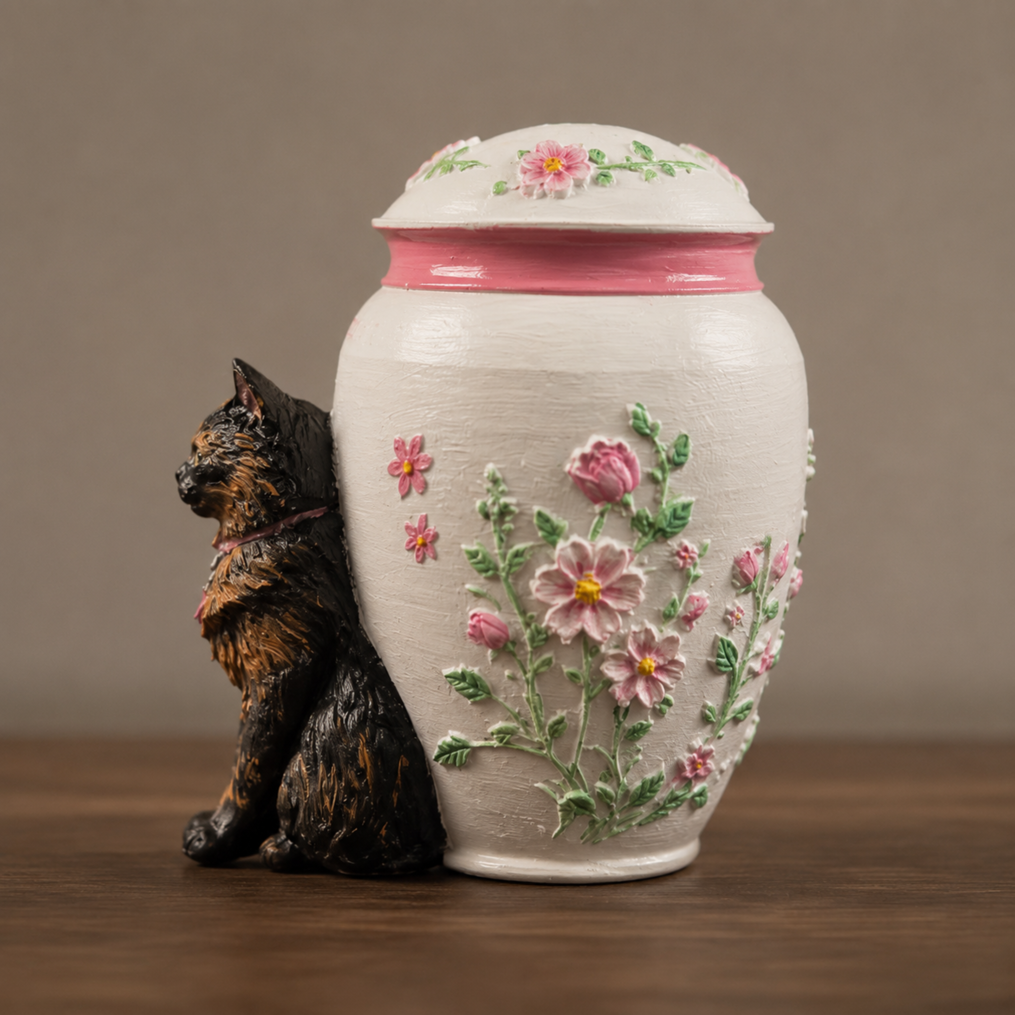 Custom Cat Memorial Urn With Cat Sculpture Floral Embossed Design Personalized Cremation Keepsake