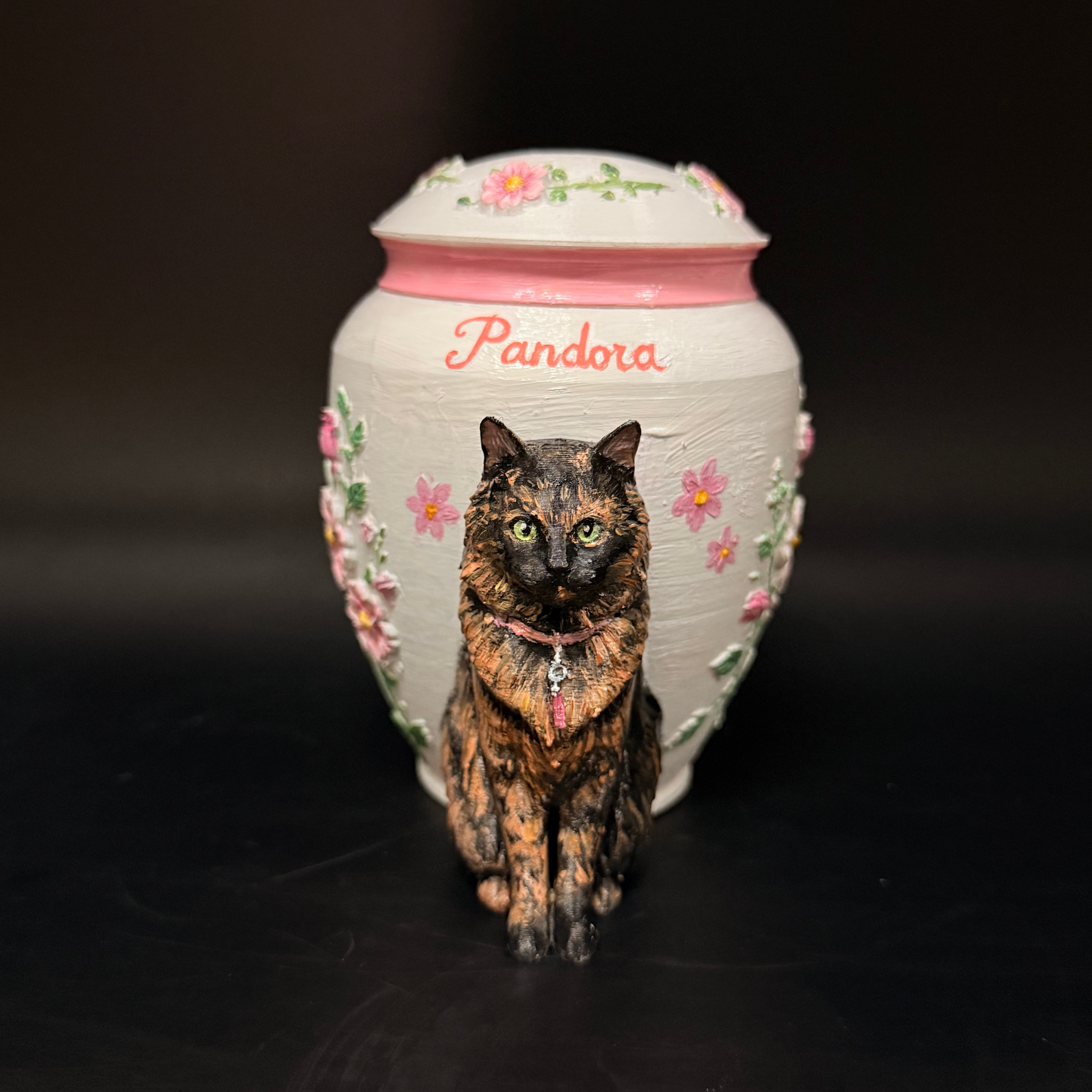 Custom Cat Memorial Urn With Cat Sculpture Floral Embossed Design Personalized Cremation Keepsake