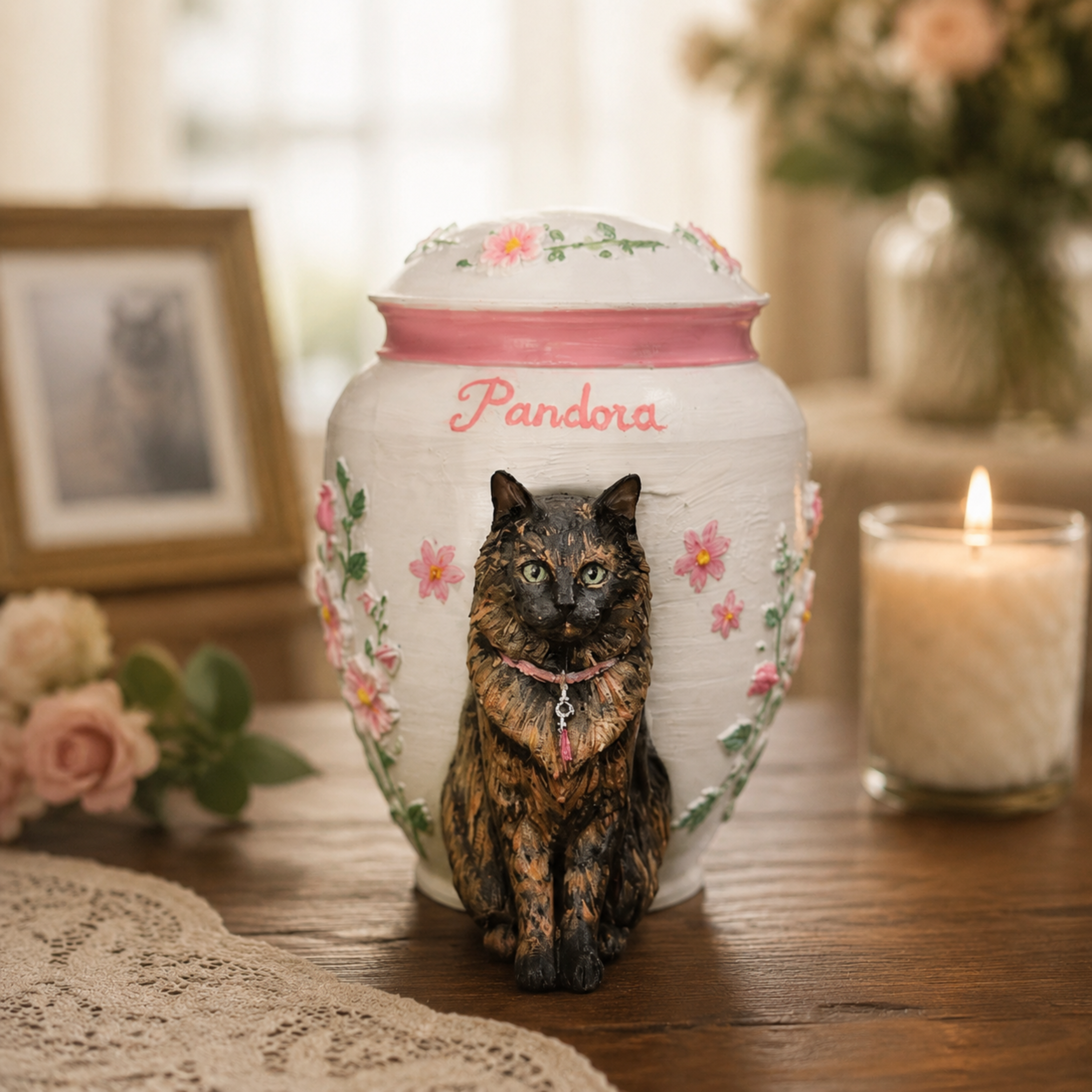 Custom Cat Memorial Urn With Cat Sculpture Floral Embossed Design Personalized Cremation Keepsake