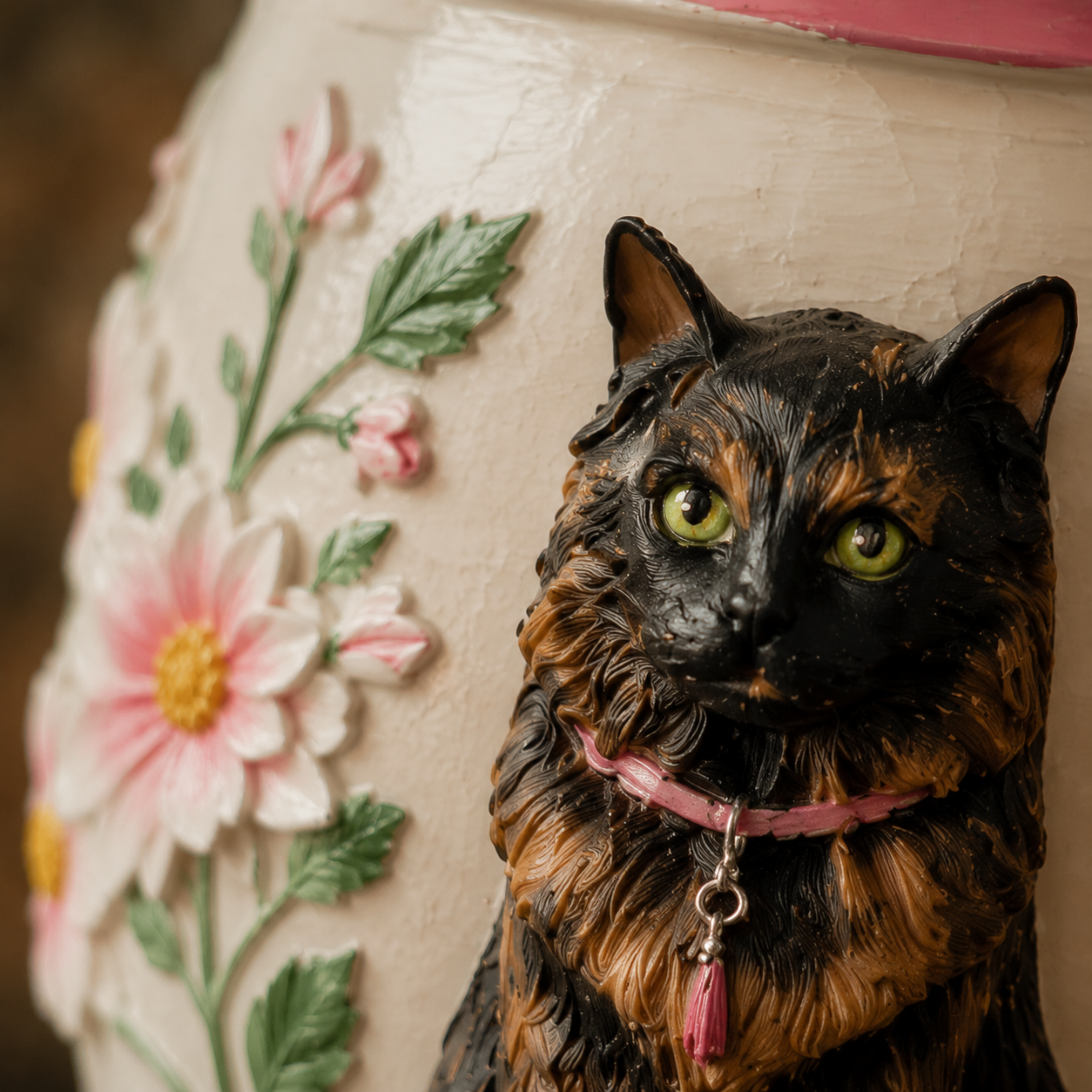 Custom Cat Memorial Urn With Cat Sculpture Floral Embossed Design Personalized Cremation Keepsake