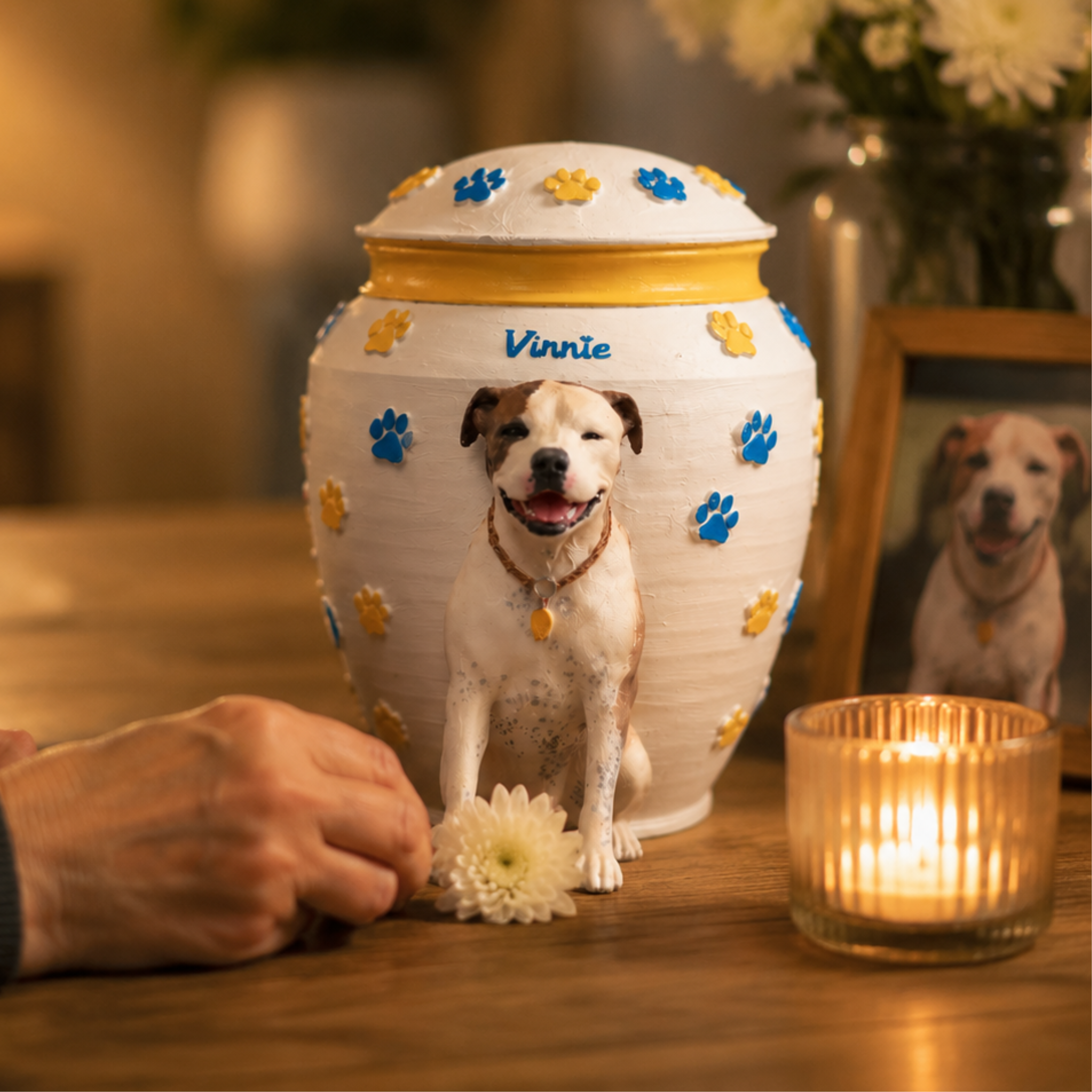 Custom Dog Urn With Dog Figurine and Colorful Paw Prints – Personalized Pet Memorial Urn for Dog Loss Keepsake