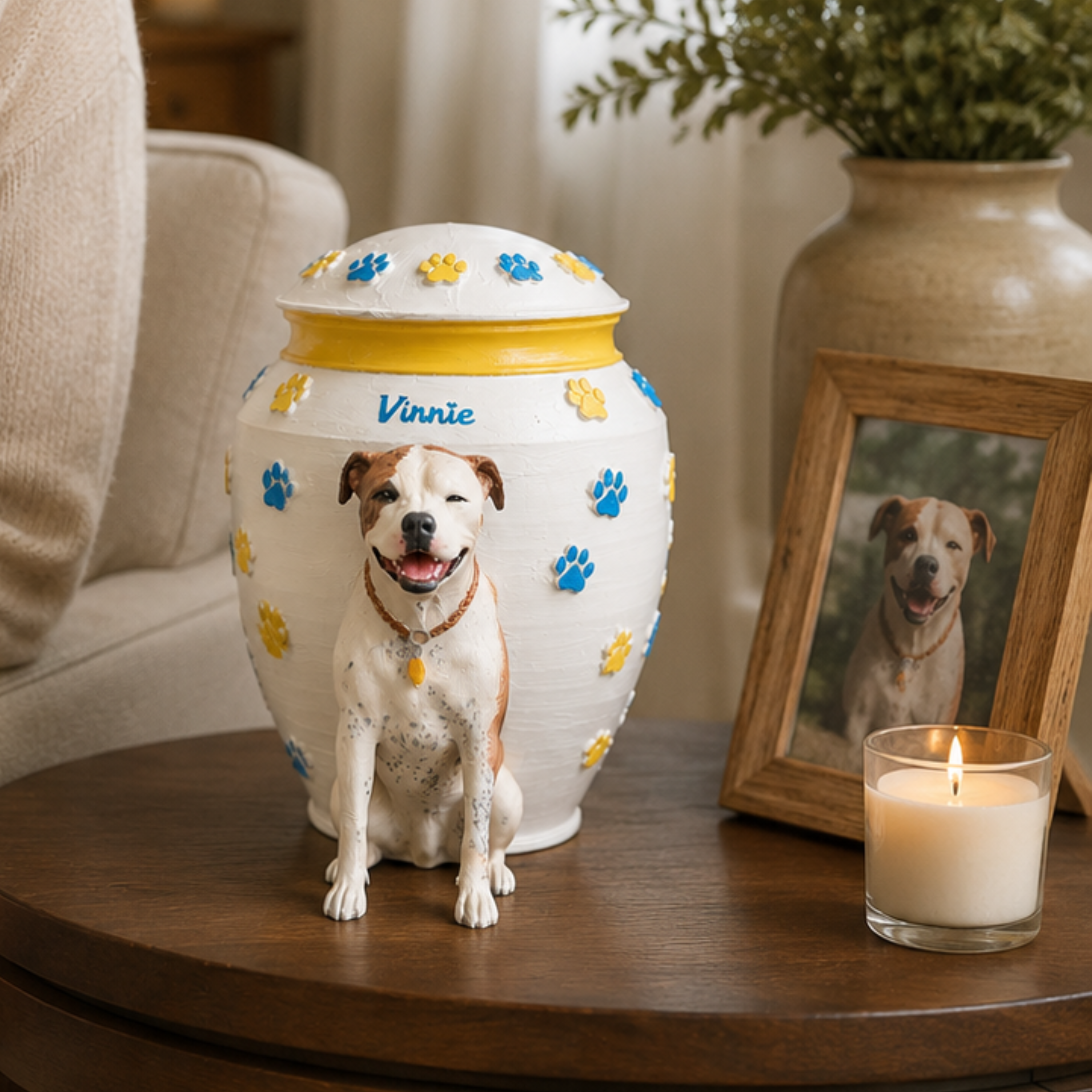Custom Dog Urn With Dog Figurine and Colorful Paw Prints – Personalized Pet Memorial Urn for Dog Loss Keepsake
