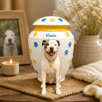 Custom Dog Urn With Dog Figurine and Colorful Paw Prints – Personalized Pet Memorial Urn for Dog Loss Keepsake