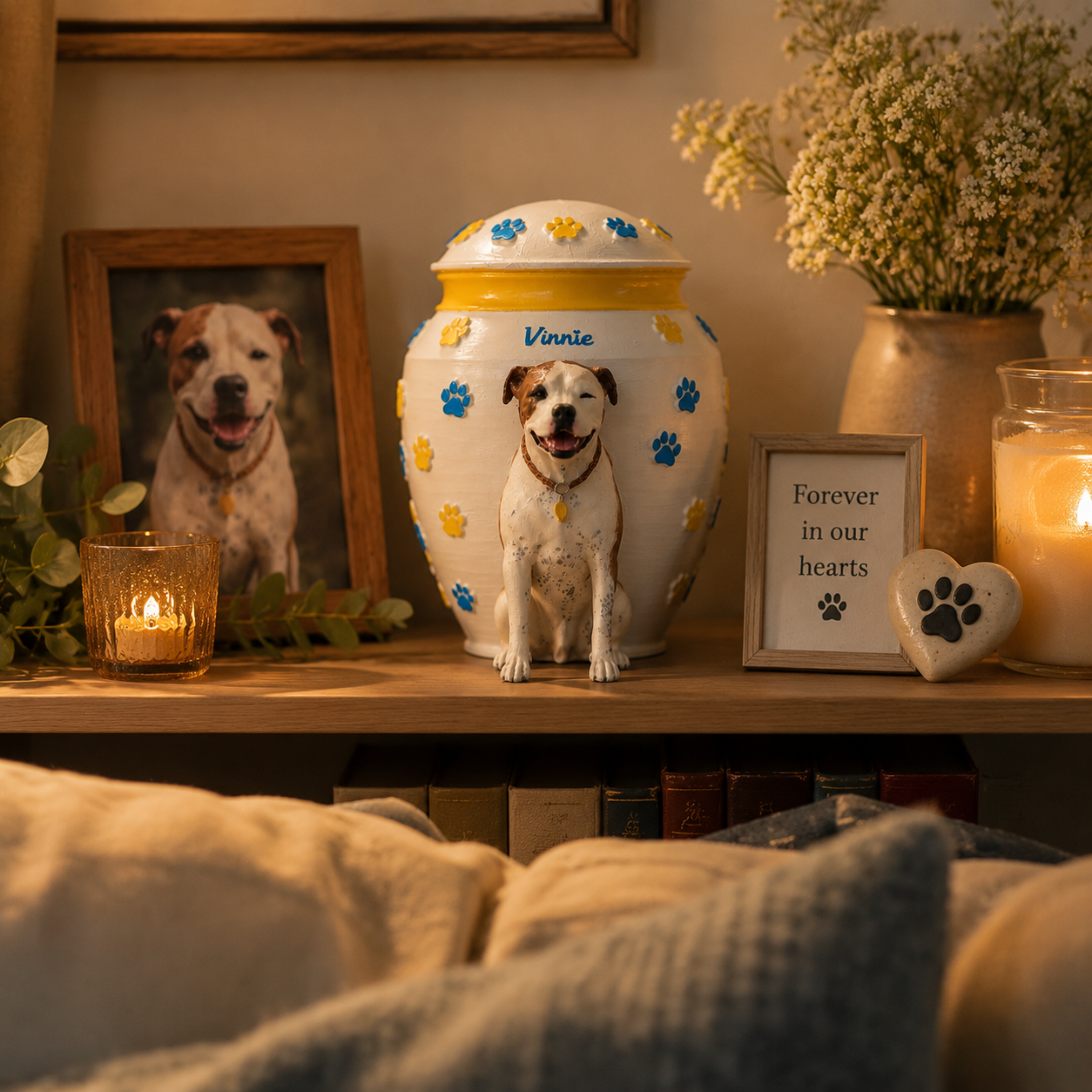 Custom Dog Urn With Dog Figurine and Colorful Paw Prints – Personalized Pet Memorial Urn for Dog Loss Keepsake