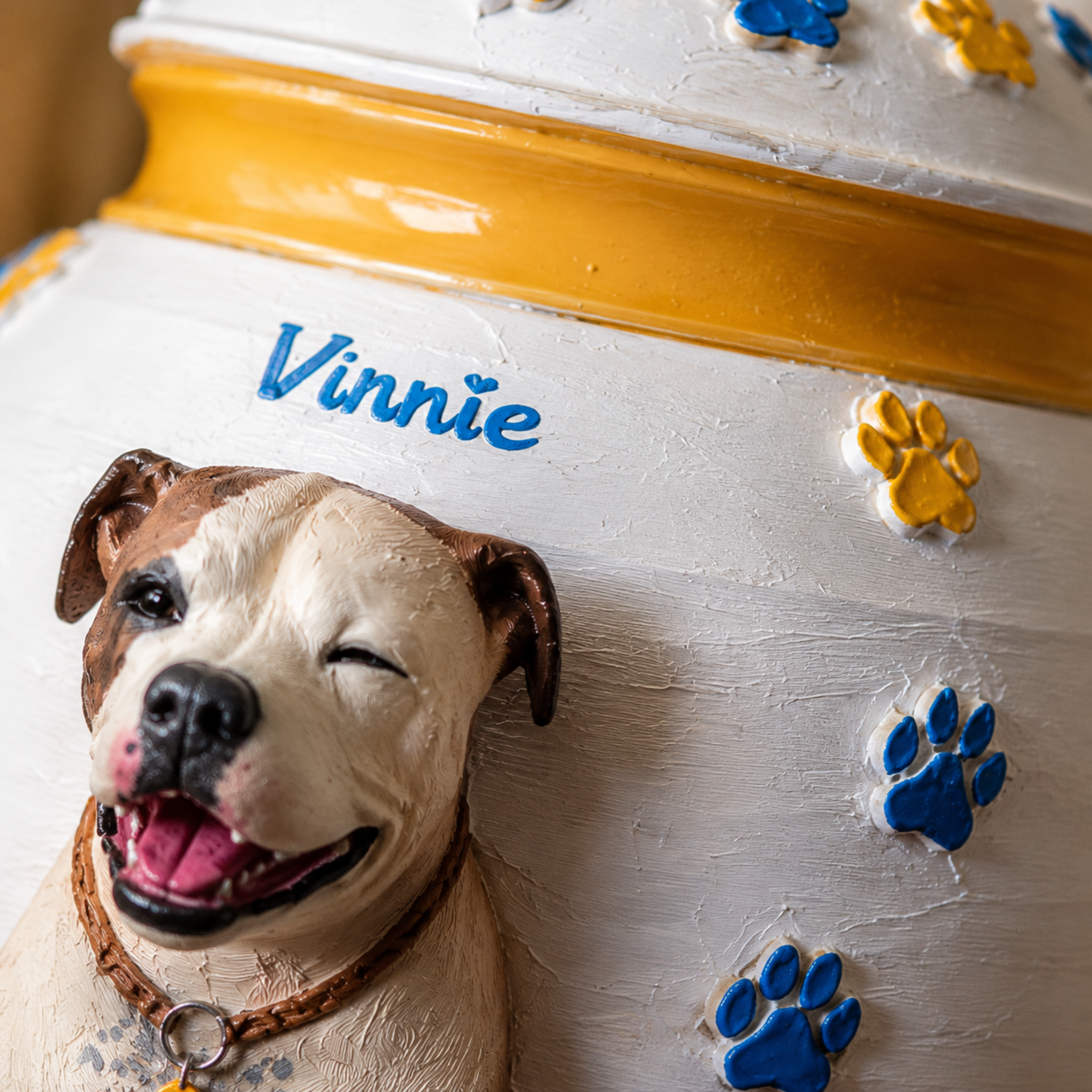 Custom Dog Urn With Dog Figurine and Colorful Paw Prints – Personalized Pet Memorial Urn for Dog Loss Keepsake