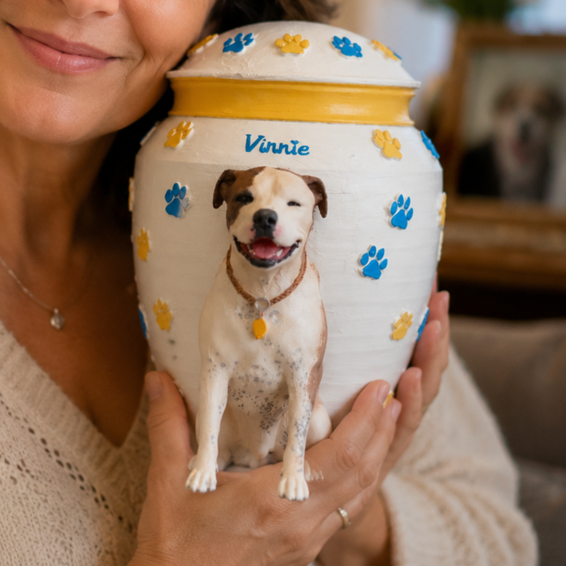Custom Dog Urn With Dog Figurine and Colorful Paw Prints – Personalized Pet Memorial Urn for Dog Loss Keepsake