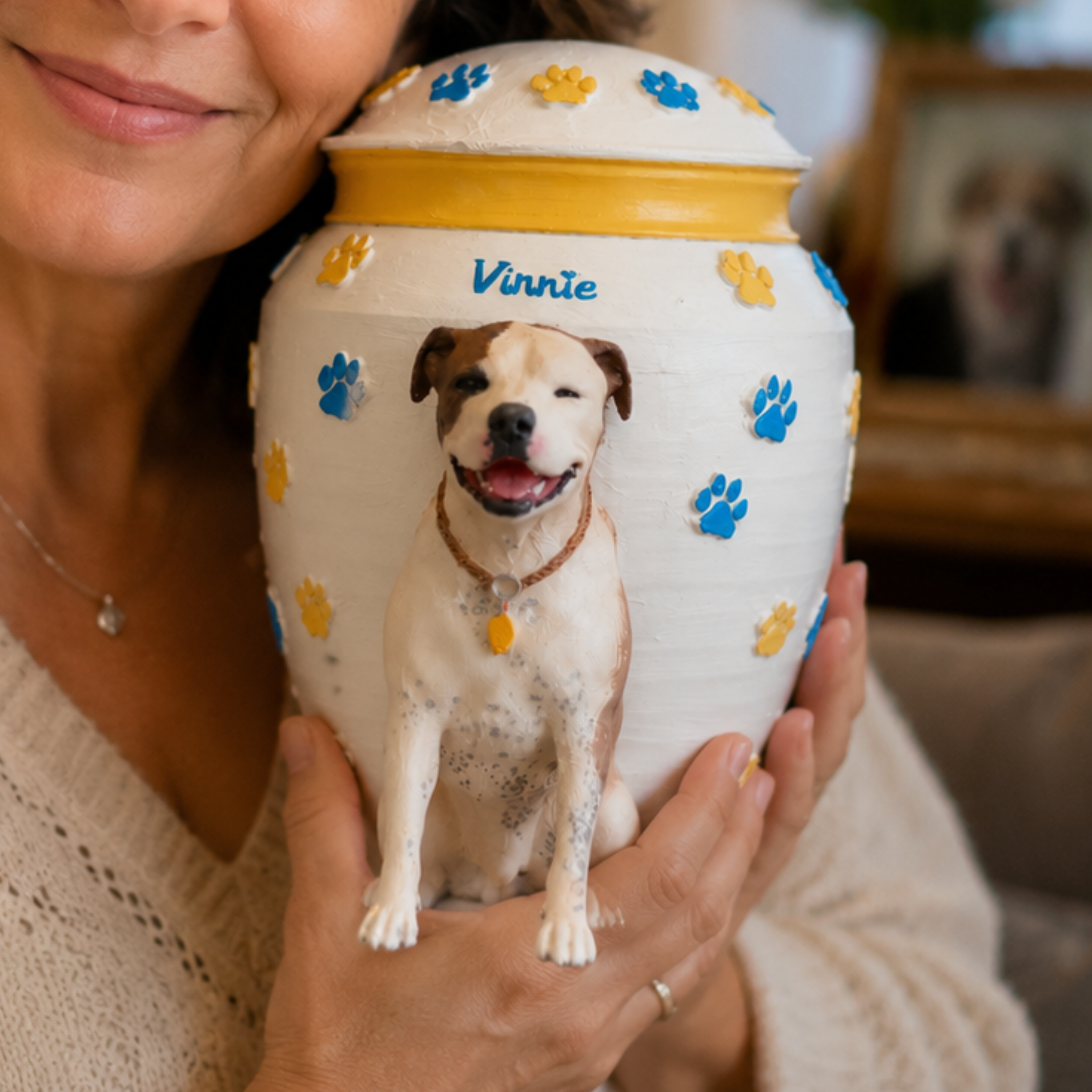 Custom Dog Urn With Dog Figurine and Colorful Paw Prints – Personalized Pet Memorial Urn for Dog Loss Keepsake