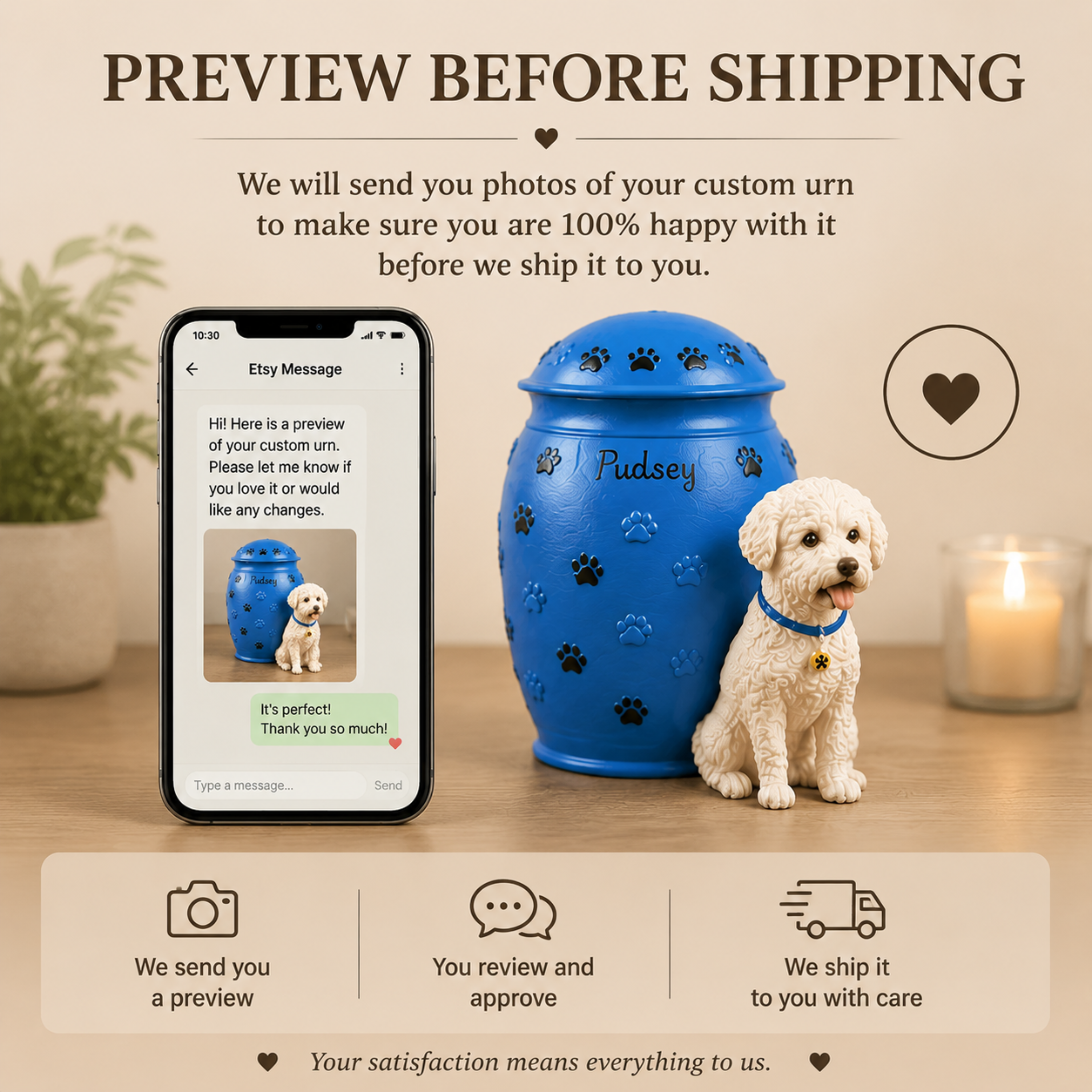 Custom Dog Urn With Dog Figurine and Paw Prints – Personalized Pet Memorial Urn for Dog Loss Keepsake