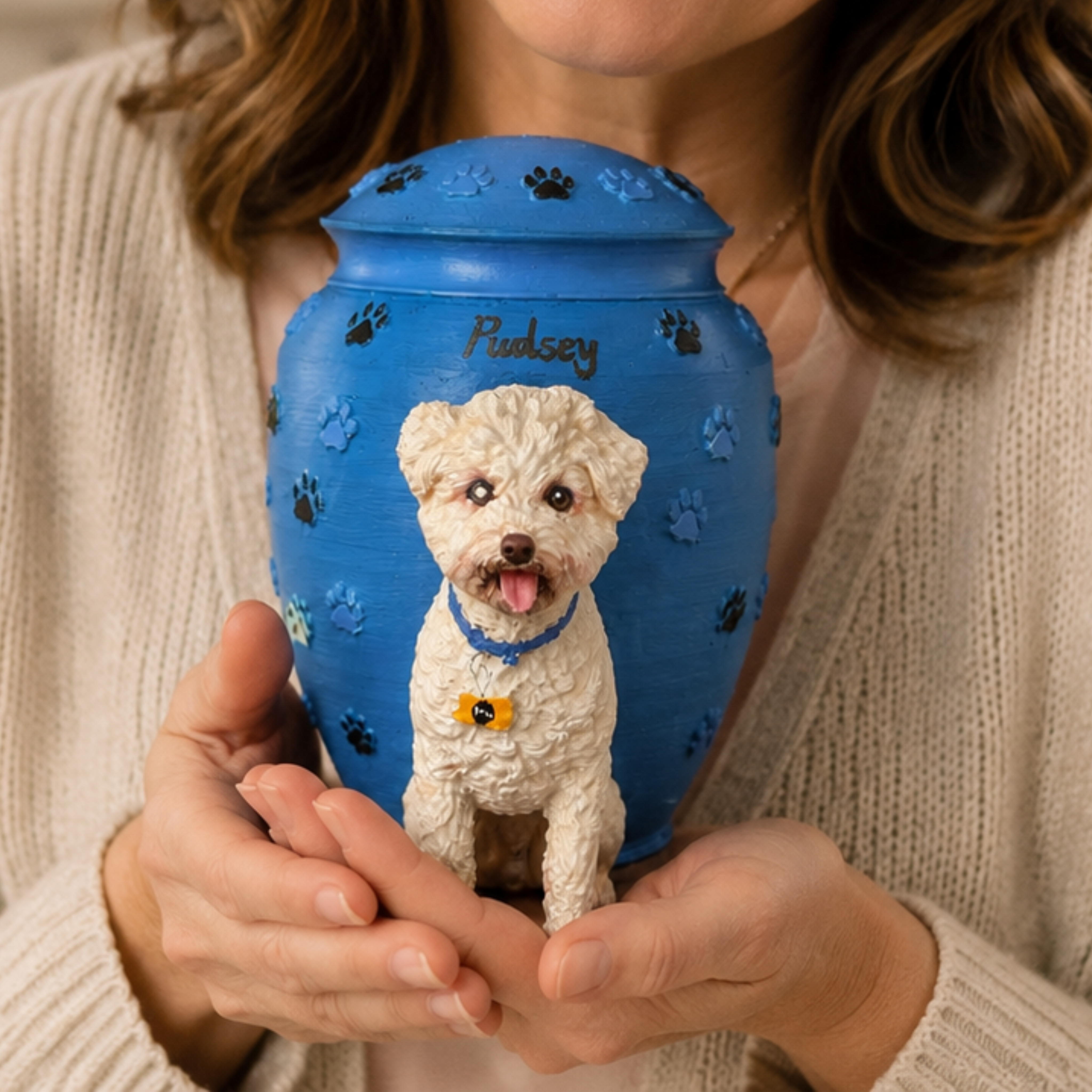 Custom Dog Urn With Dog Figurine and Paw Prints – Personalized Pet Memorial Urn for Dog Loss Keepsake