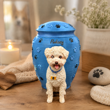 Custom Dog Urn With Dog Figurine and Paw Prints – Personalized Pet Memorial Urn for Dog Loss Keepsake
