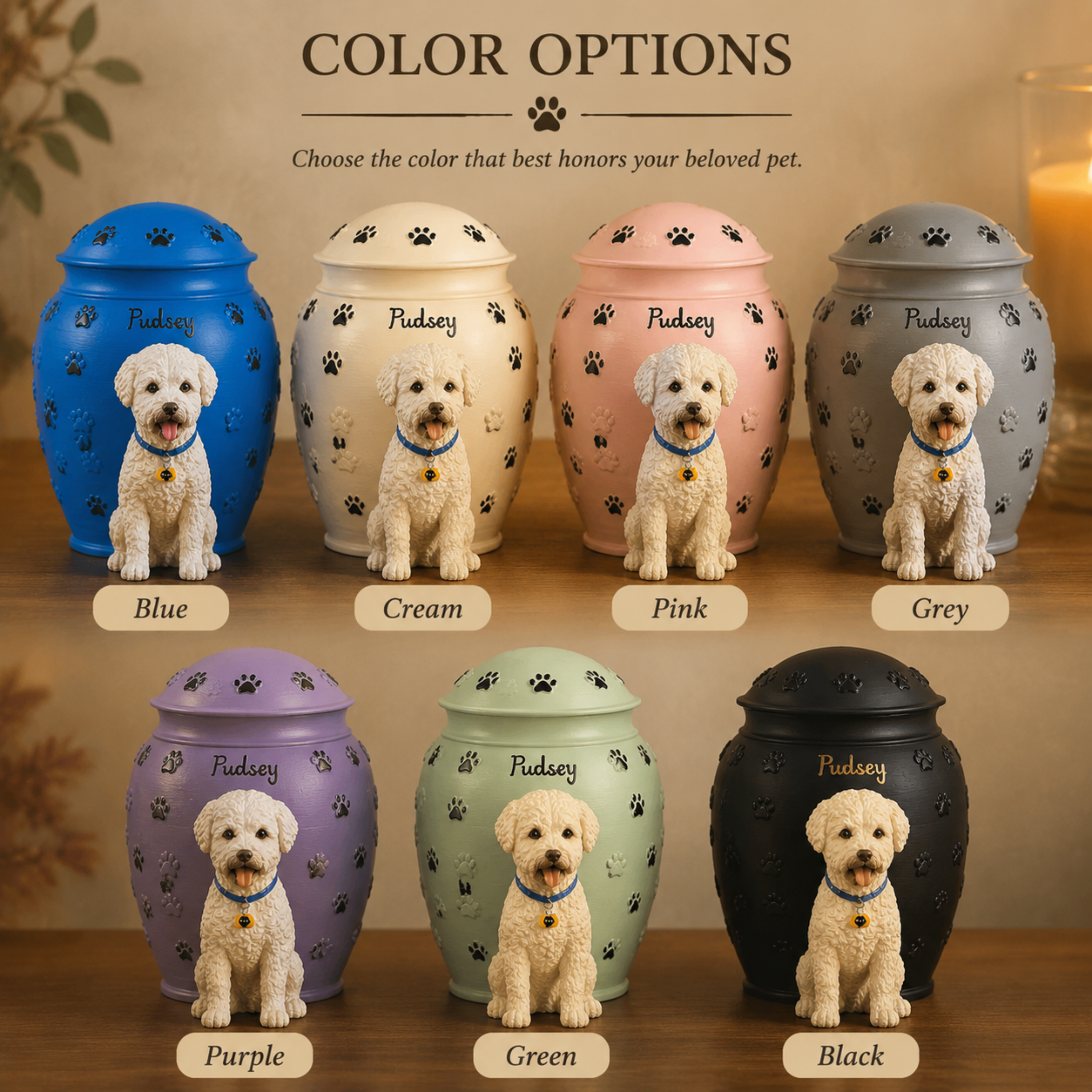 Custom Dog Urn With Dog Figurine and Paw Prints – Personalized Pet Memorial Urn for Dog Loss Keepsake