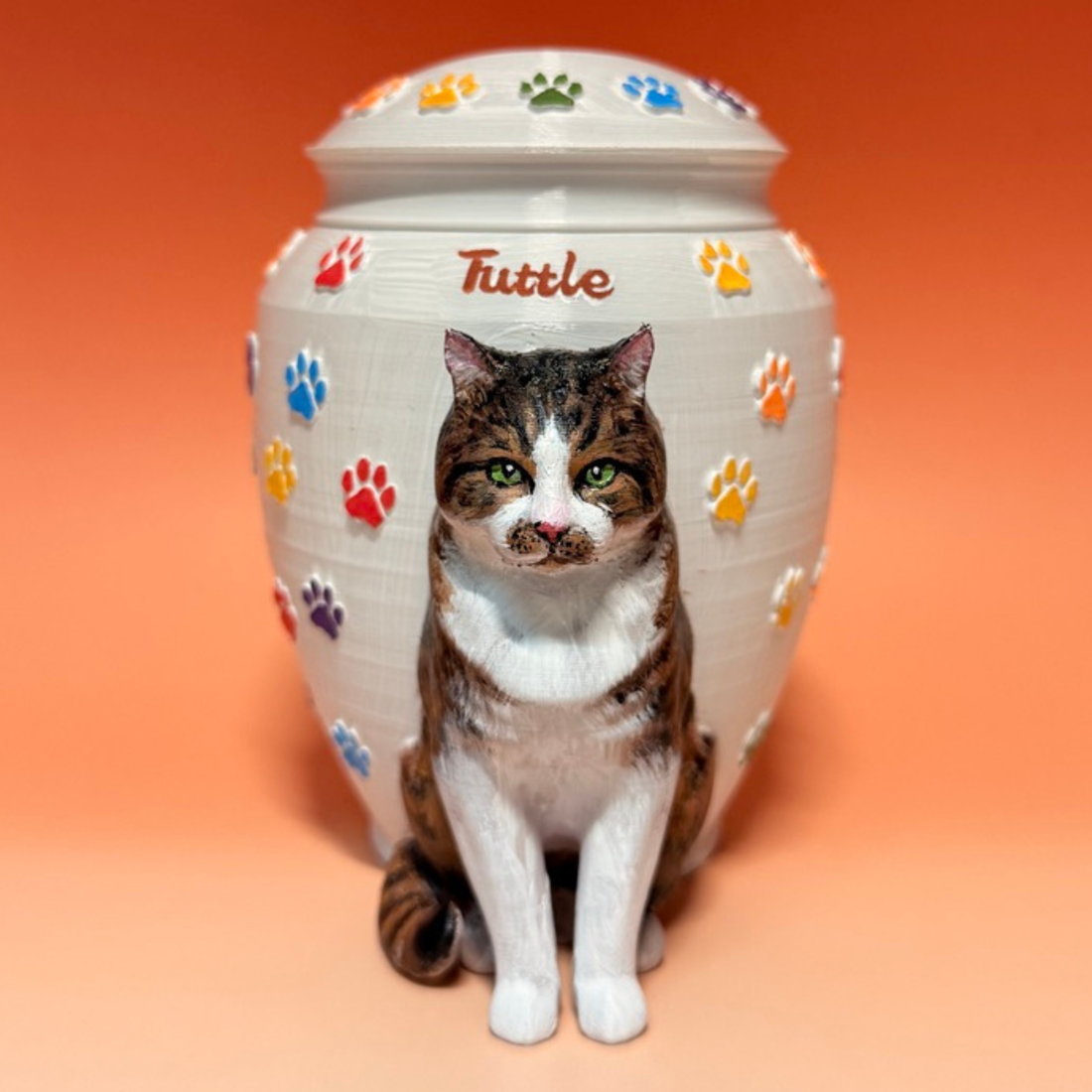 Custom Cat Urn With Cat Figurine and Colorful Paw Prints – Personalized Pet Memorial Urn for Cat Ashes