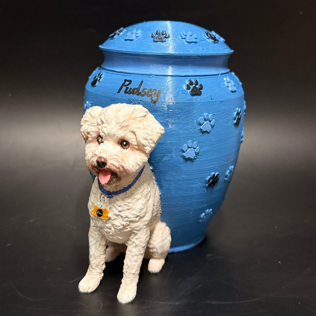 Custom Dog Urn With Dog Figurine and Paw Prints – Personalized Pet Memorial Urn for Dog Loss Keepsake