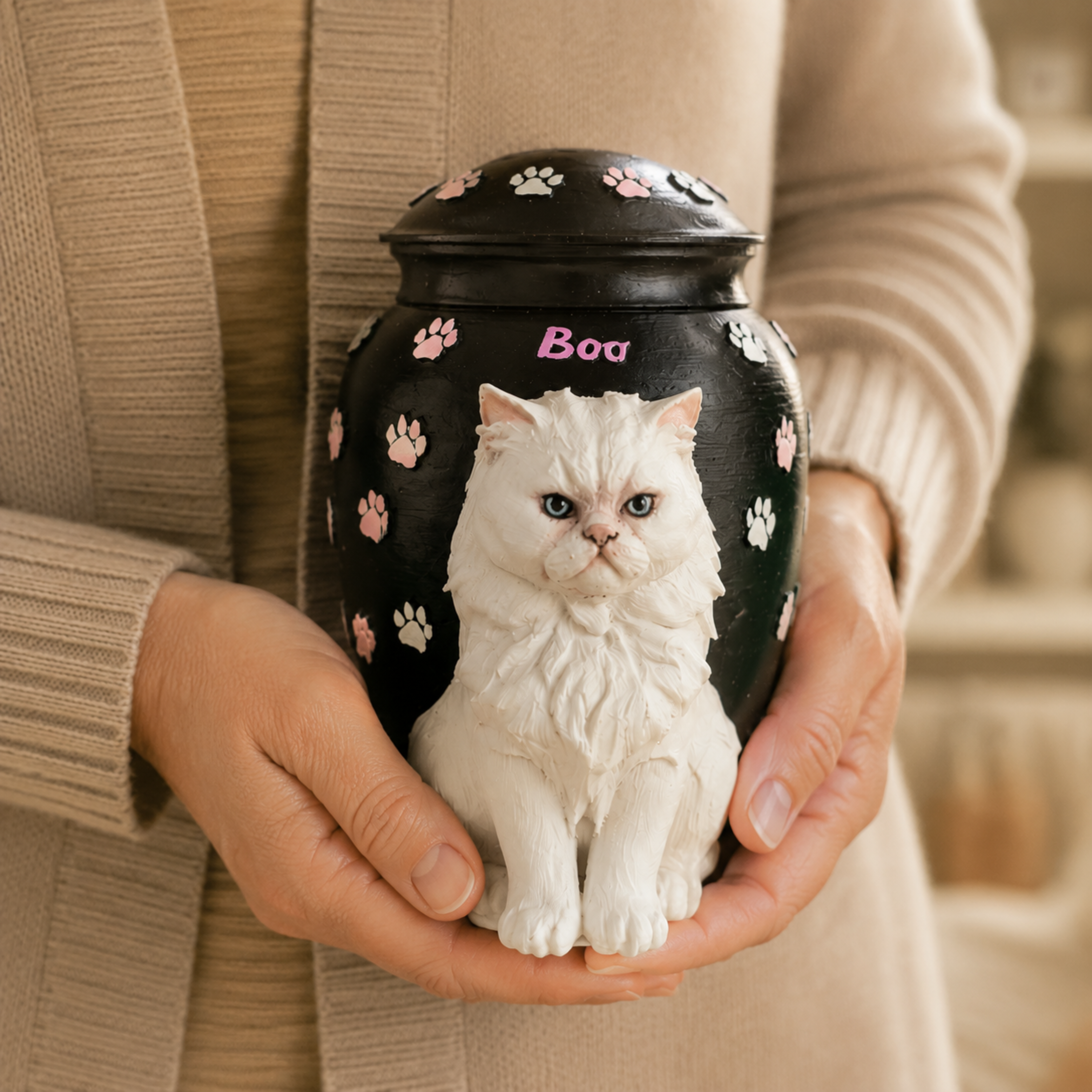 Custom Cat Urn With Cat Figurine For Pet Loss Memorial – Personalized Cat Ashes Urn With Custom Cat Sculpture