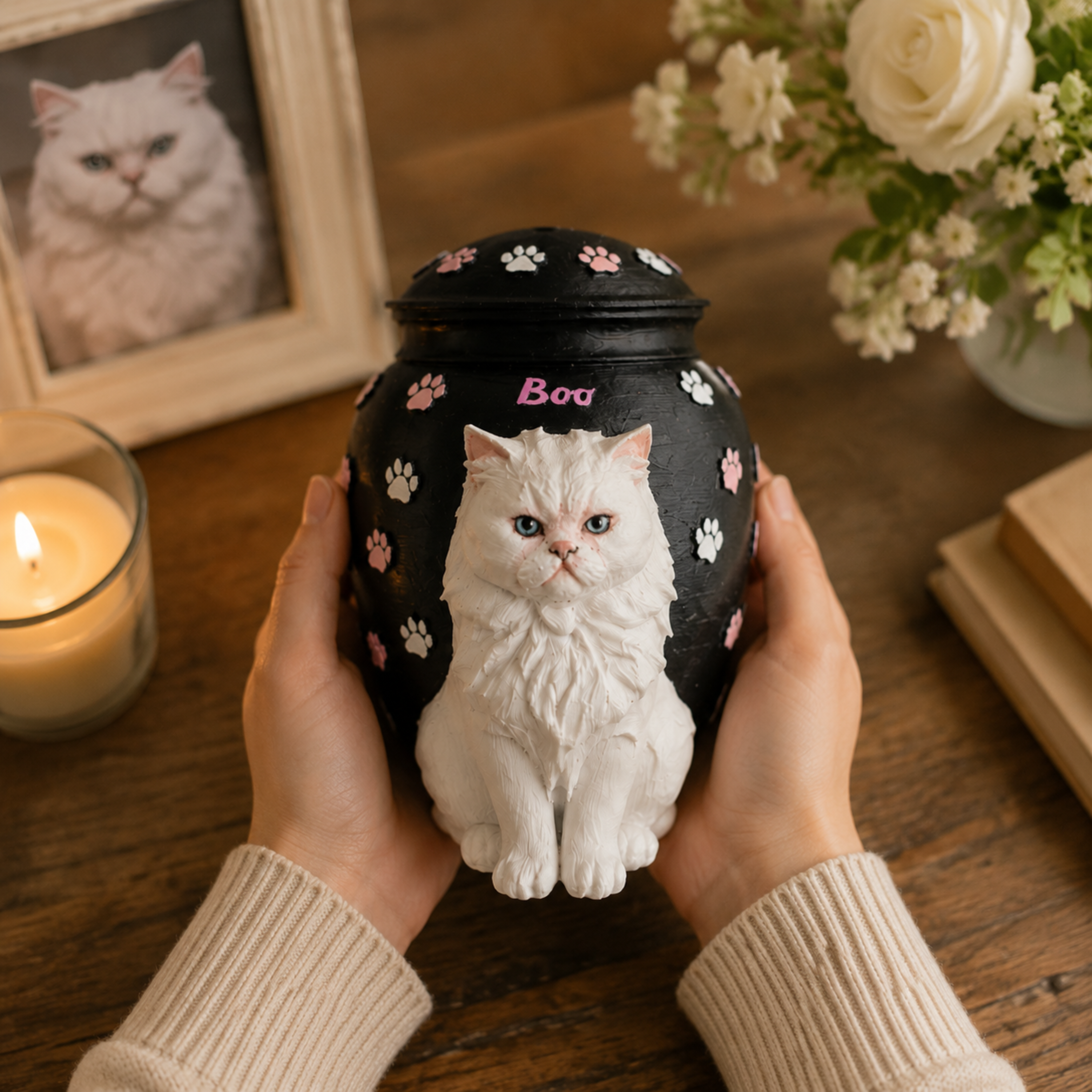 Custom Cat Urn With Cat Figurine For Pet Loss Memorial – Personalized Cat Ashes Urn With Custom Cat Sculpture