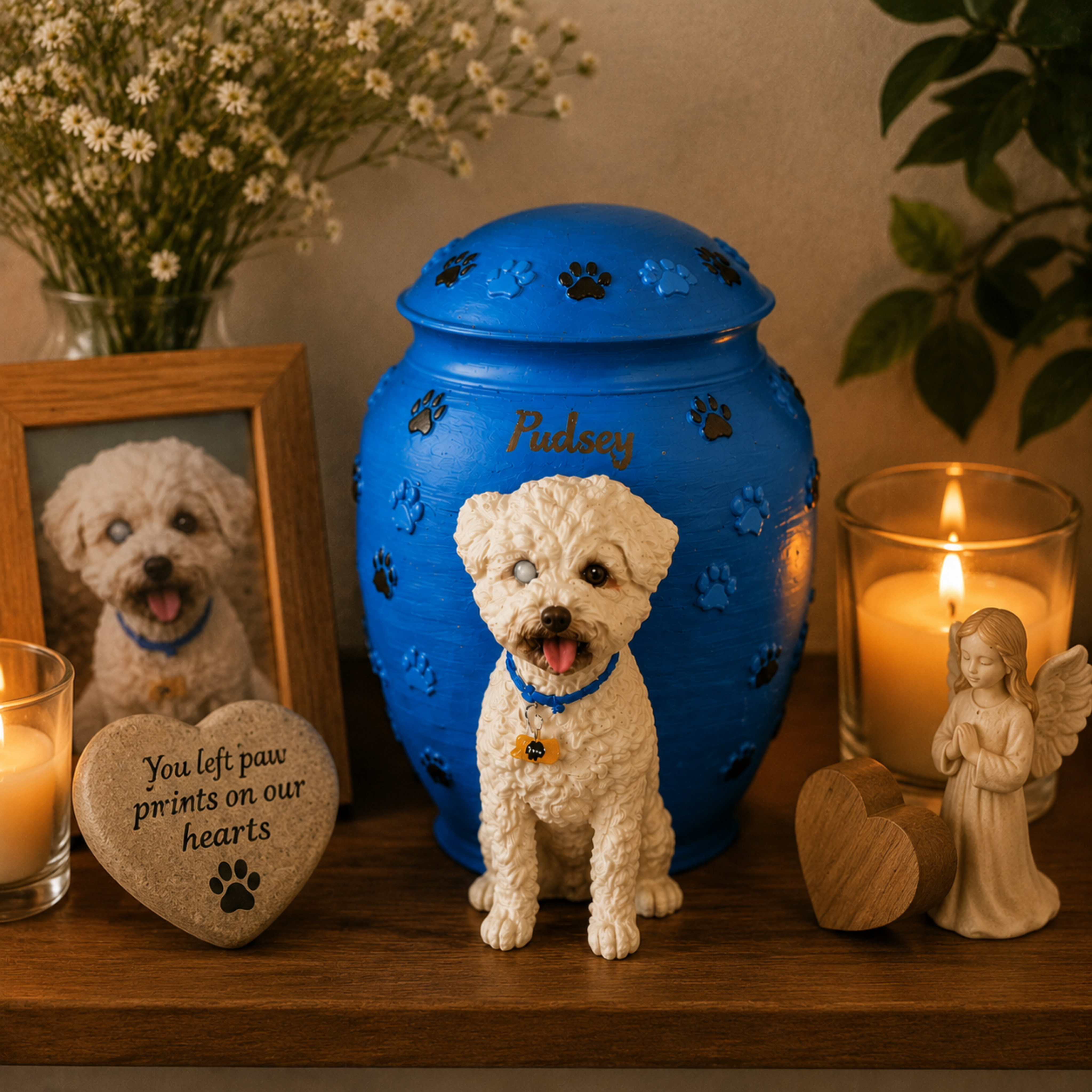 Custom Dog Urn With Dog Figurine and Paw Prints – Personalized Pet Memorial Urn for Dog Loss Keepsake