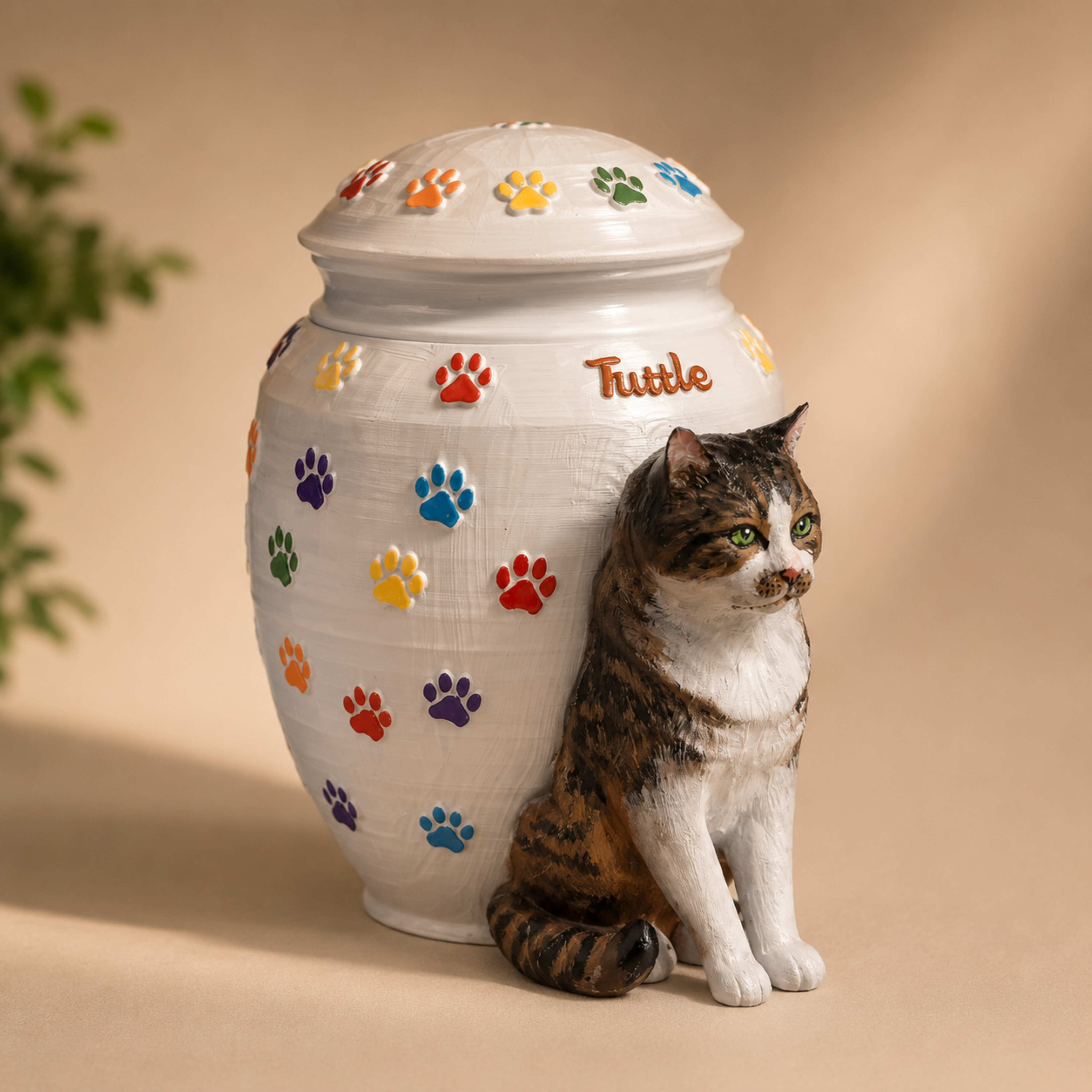 Custom Cat Urn With Cat Figurine and Colorful Paw Prints – Personalized Pet Memorial Urn for Cat Ashes