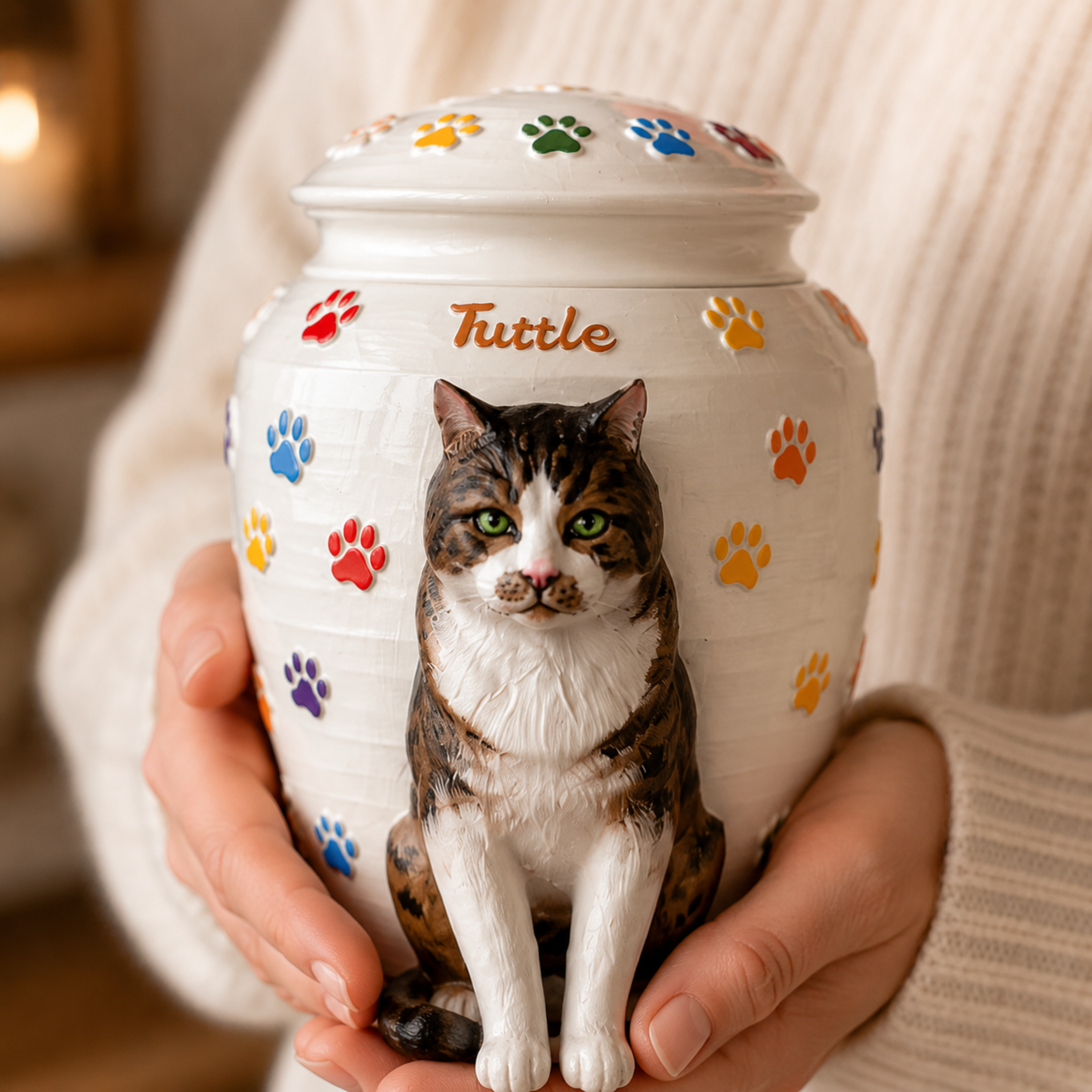 Custom Cat Urn With Cat Figurine and Colorful Paw Prints – Personalized Pet Memorial Urn for Cat Ashes