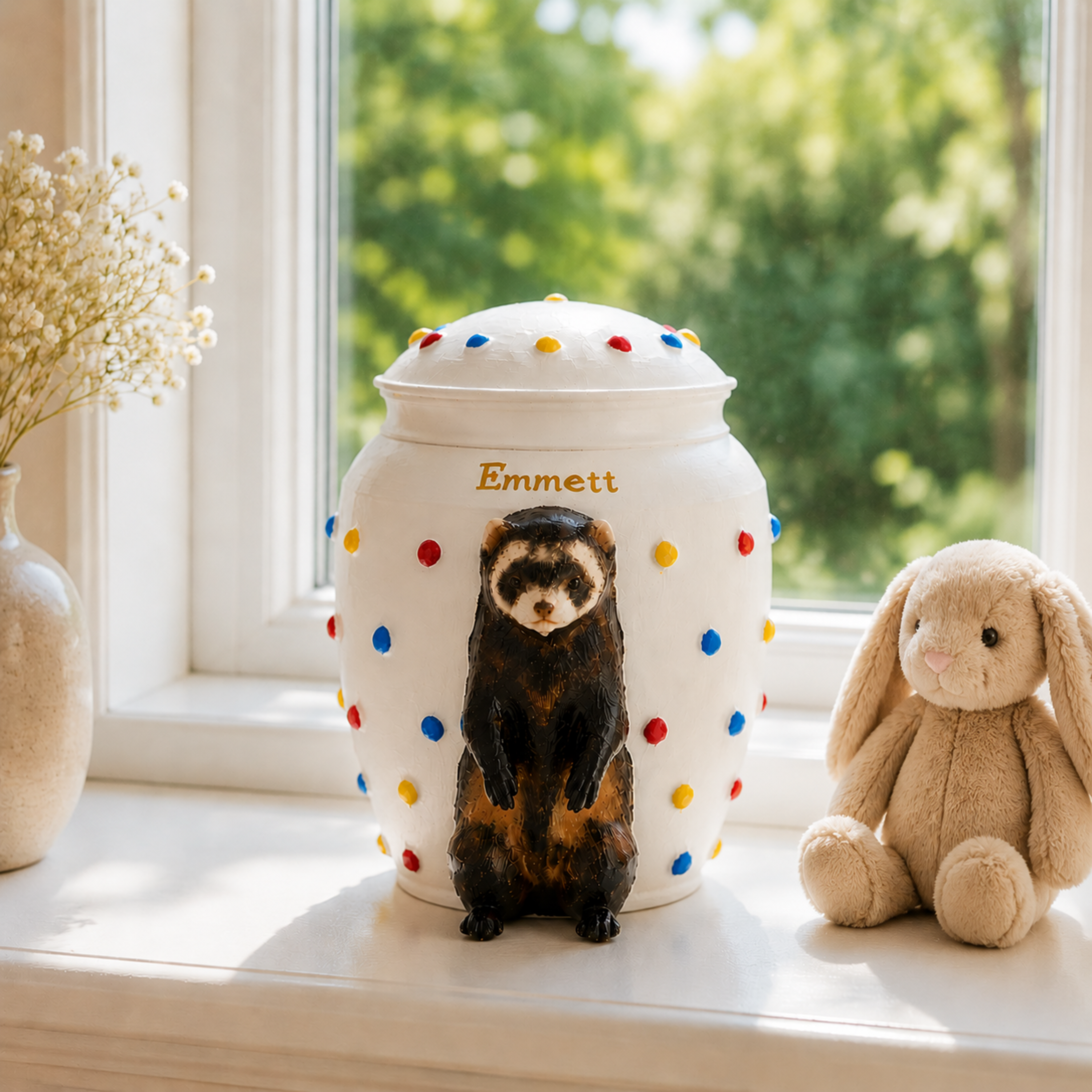 Custom Ferret Memorial Urn With Ferret Sculpture, Personalized Pet Ashes Urn, Custom Pet Loss Keepsake
