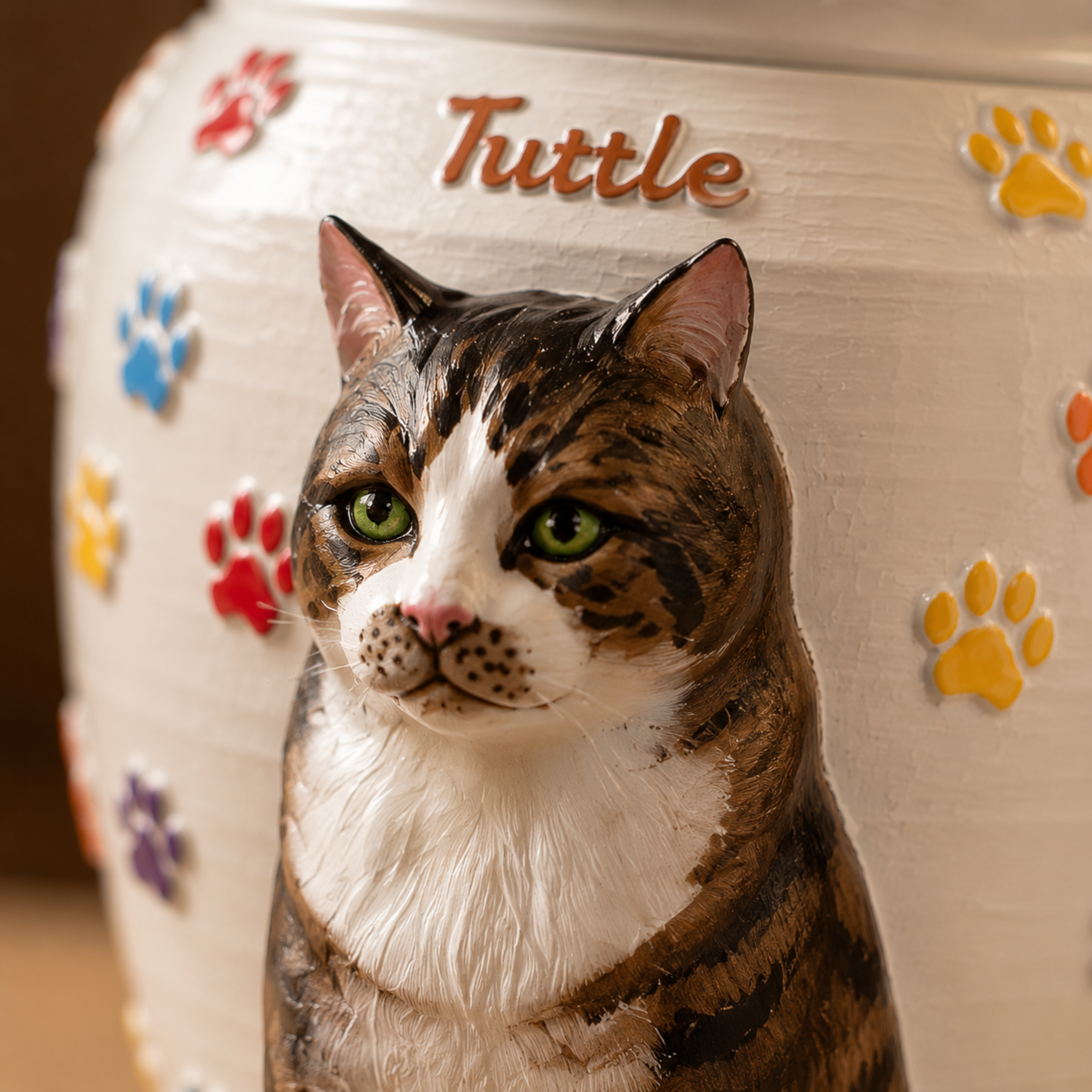 Custom Cat Urn With Cat Figurine and Colorful Paw Prints – Personalized Pet Memorial Urn for Cat Ashes