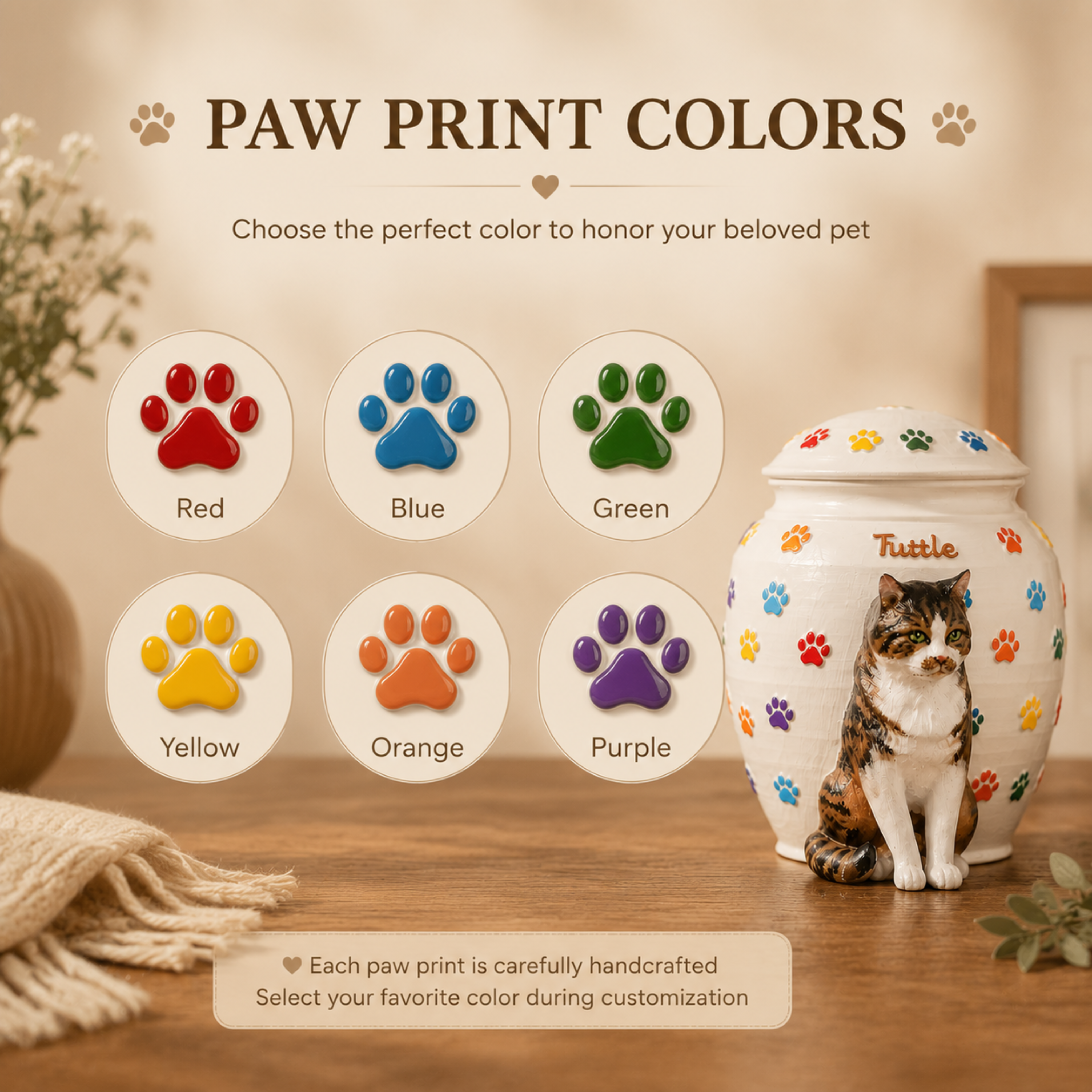 Custom Cat Urn With Cat Figurine and Colorful Paw Prints – Personalized Pet Memorial Urn for Cat Ashes