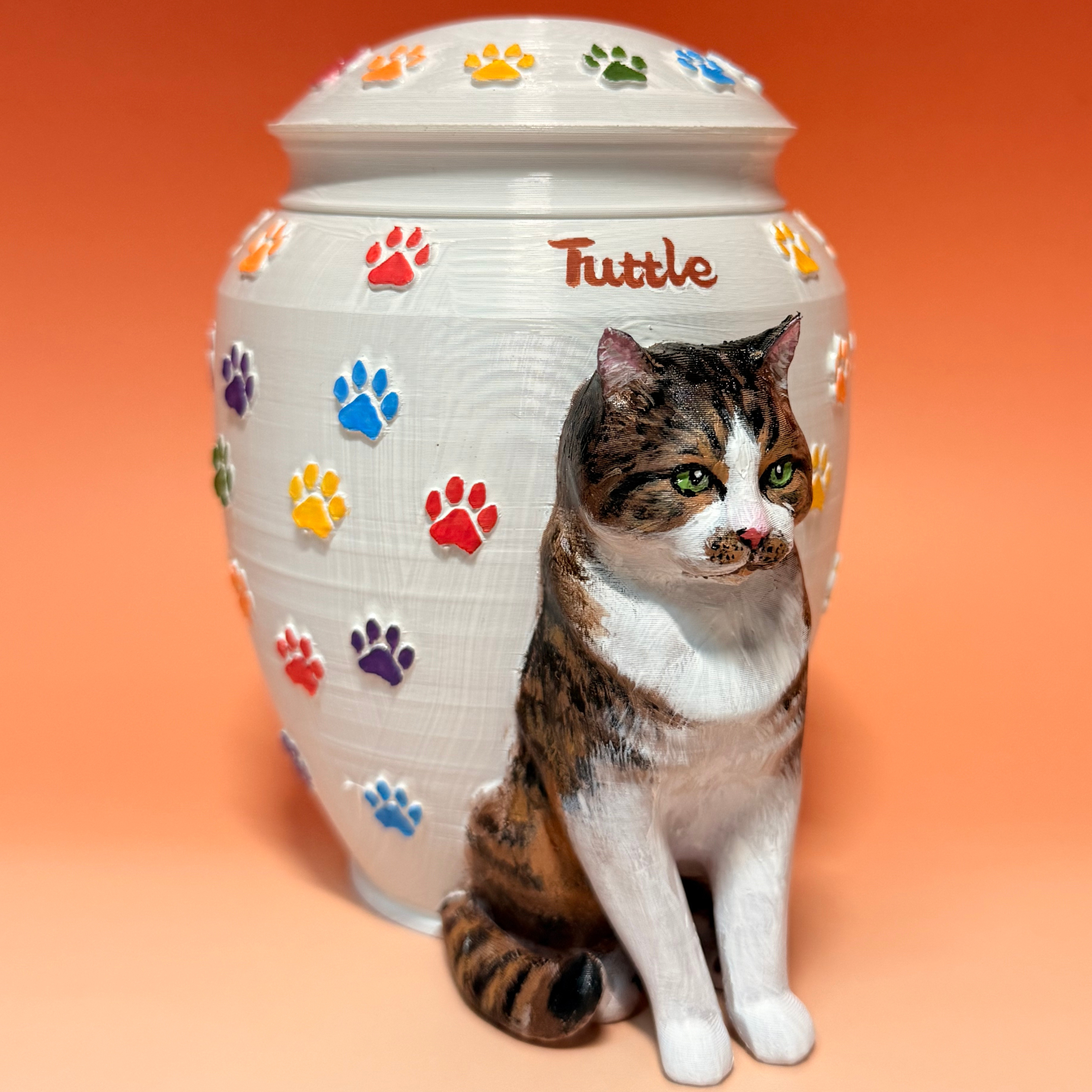 Custom Cat Urn With Cat Figurine and Colorful Paw Prints – Personalized Pet Memorial Urn for Cat Ashes
